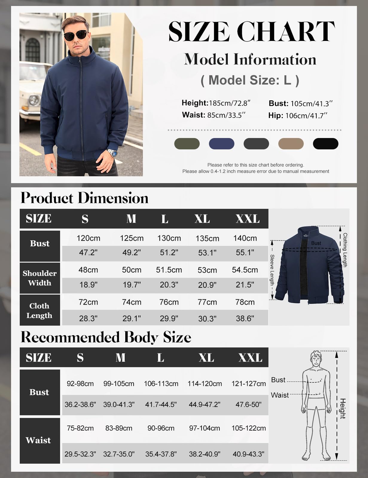 Lonya Men's Fleece Winter Windproof Bomber Jacket Full Zip Transition Jacket Flight Jacket Autumn Warm Padded Stand-Up Collar Coats Jackets