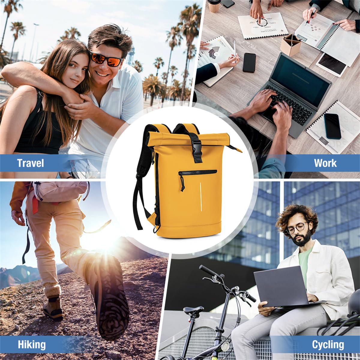 Lekeinchi Rolltop Rucksack Wasserdicht für Damen & Herren, Großer Laptop Rucksack mit Computerfach für 17 Zoll Laptop, Elegant Reiserucksack Daypack für Reisen, Radfahren, Uni Schule, Arbeit-Blau