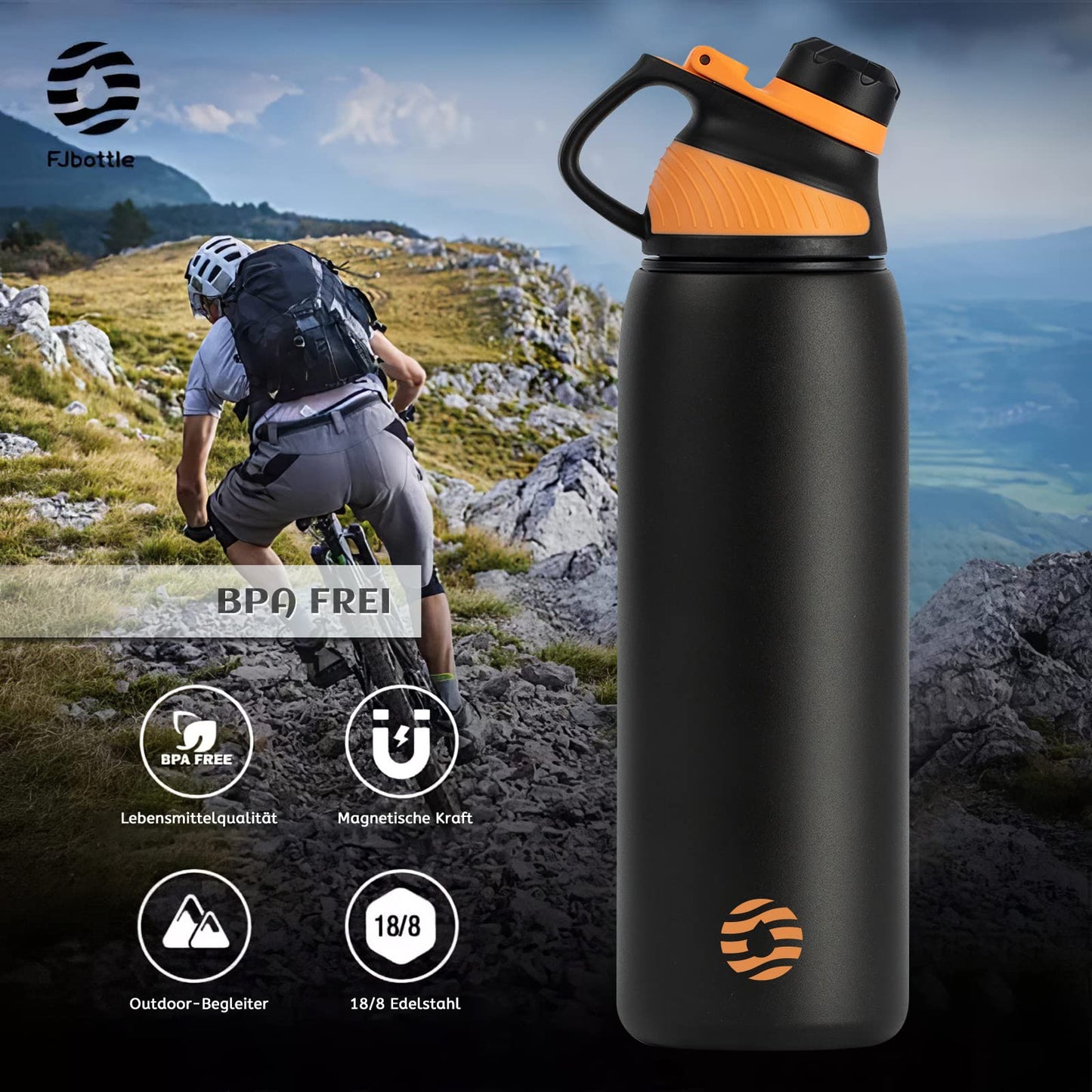 Fjbottle Edelstahl Trinkflasche Sport mit Magnetischem Deckel 1L, 800ml, 600ml, 400ml BPA-Frei Auslaufsichere Kinder Flasche - Kohlensäure geeignet 1500ML Wasserflasche Thermo für Schule, Fitness