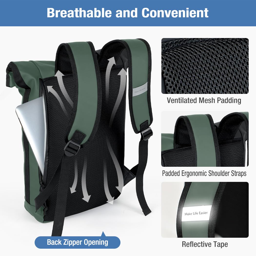 Lekeinchi Rolltop Rucksack Wasserdicht für Damen & Herren, Großer Laptop Rucksack mit Computerfach für 17 Zoll Laptop, Elegant Reiserucksack Daypack für Reisen, Radfahren, Uni Schule, Arbeit-Blau