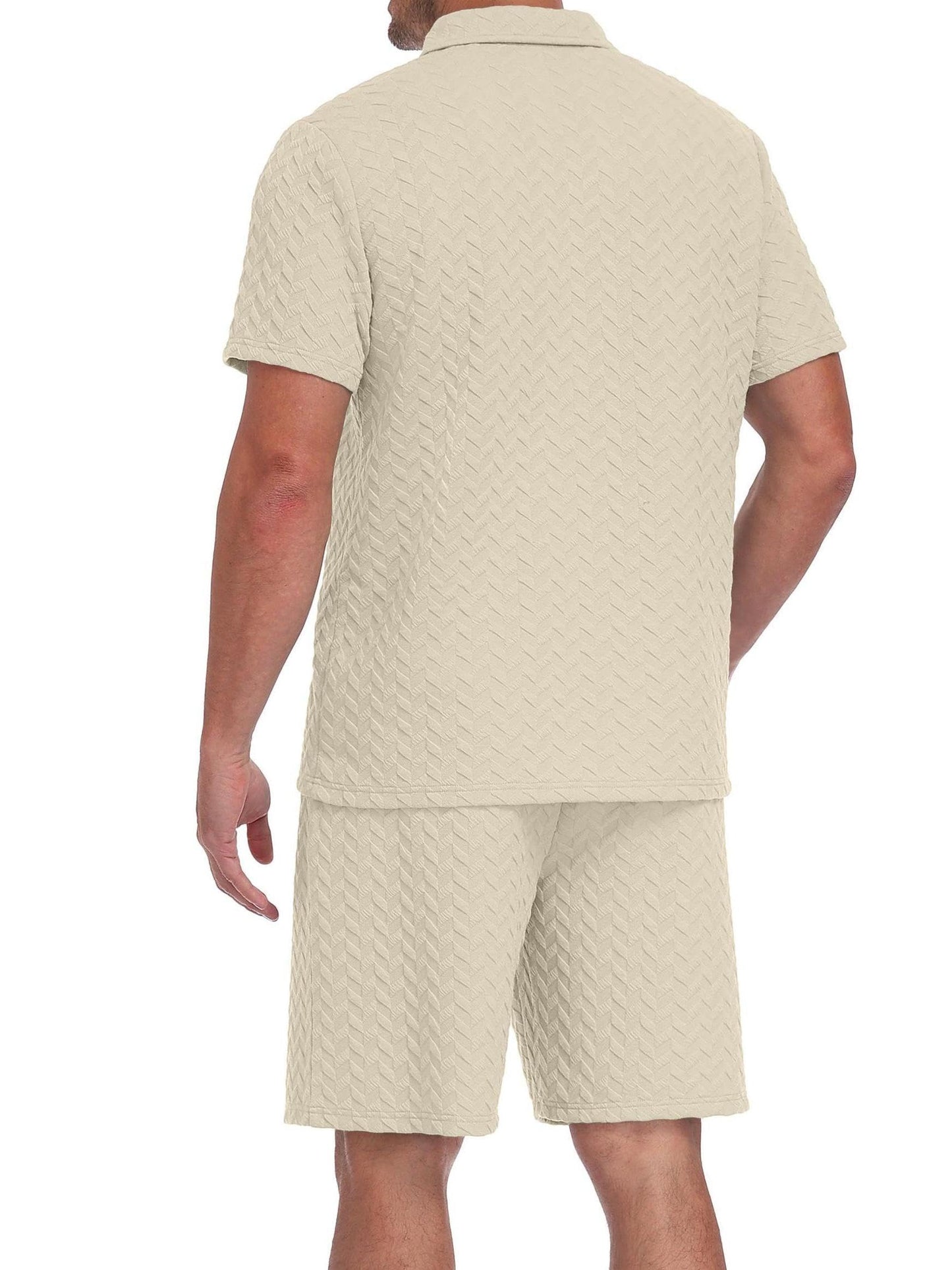 QIXING Herren Sommer Set 2 Teiler Polohemd und Shorts Set Herren Kurzarm Polo Shirt mit Strukturmuster Leichtes Freizeit Outfit für Urlaub Strand Reisen und Alltag