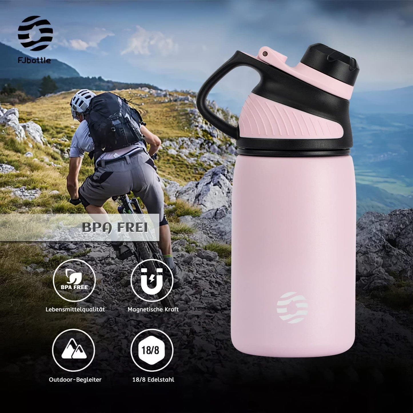 Fjbottle Edelstahl Trinkflasche Sport mit Magnetischem Deckel 1L, 800ml, 600ml, 400ml BPA-Frei Auslaufsichere Kinder Flasche - Kohlensäure geeignet 1500ML Wasserflasche Thermo für Schule, Fitness