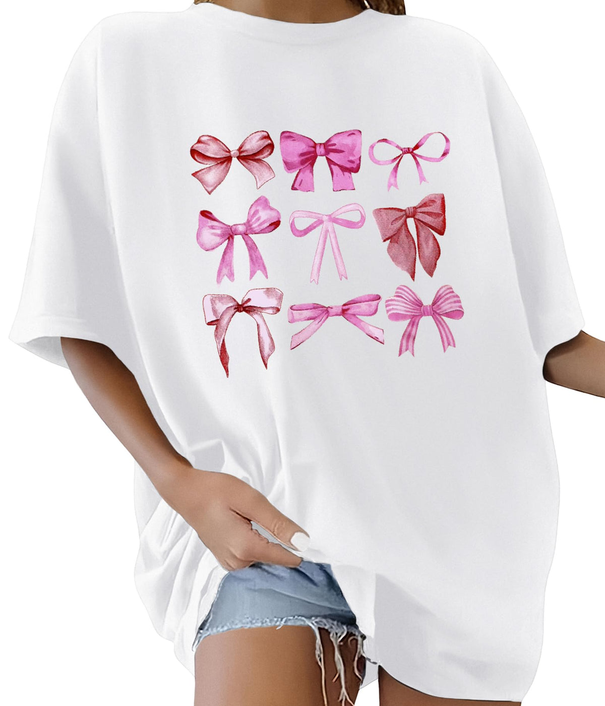Lonya T Shirt Damen Oversized Vintage Rundhals Kurzarm 80er Jahre Brief Gedruckt Schleife Blumen Sonne Mond Muster Sommer Bluse Baumwolle Oberteile Tops Retro 80s Casual Lockere Basic Tee Shirt