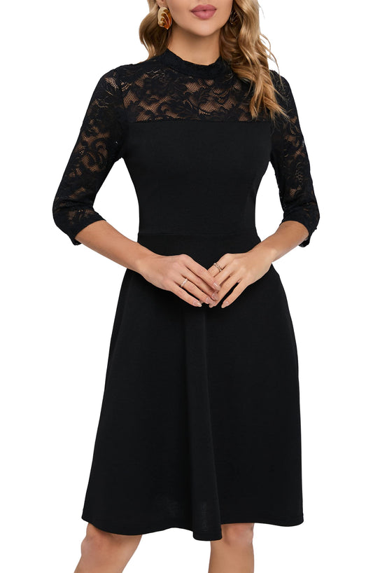 HOMEYEE Damen Elegant Spitze 3/4 Ärmel Rockabilly Kleid Retro Knielang Cocktailkleid für Hochzeit A368