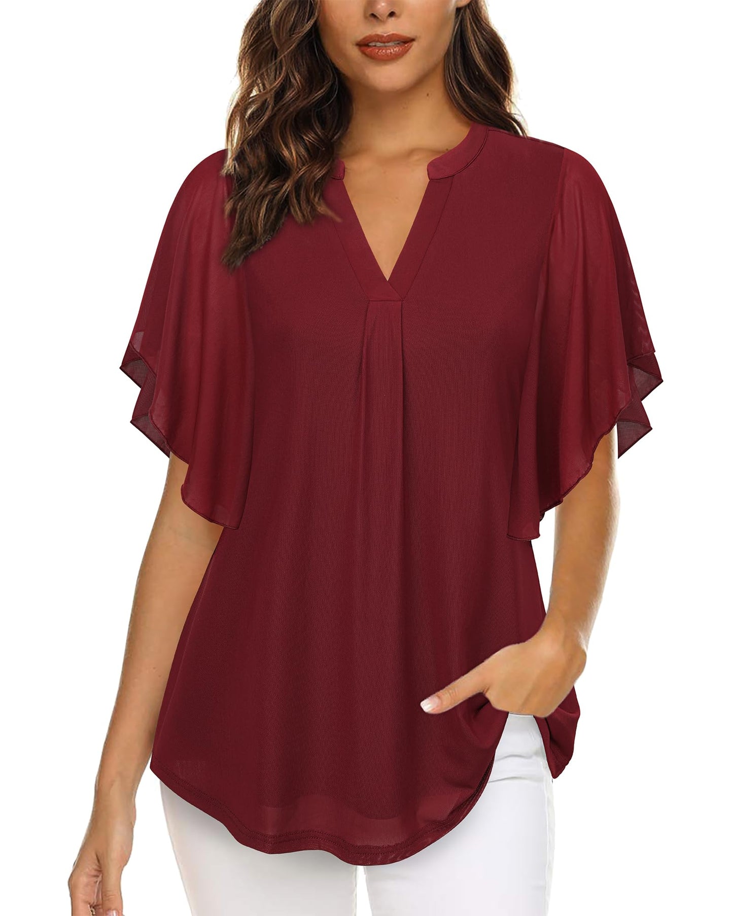 Vafoly Bluse Damen Elegant Kurzarm Sommer Tunika V-Ausschnitt Mesh Oberteil Blumen Doppellagige Tunika