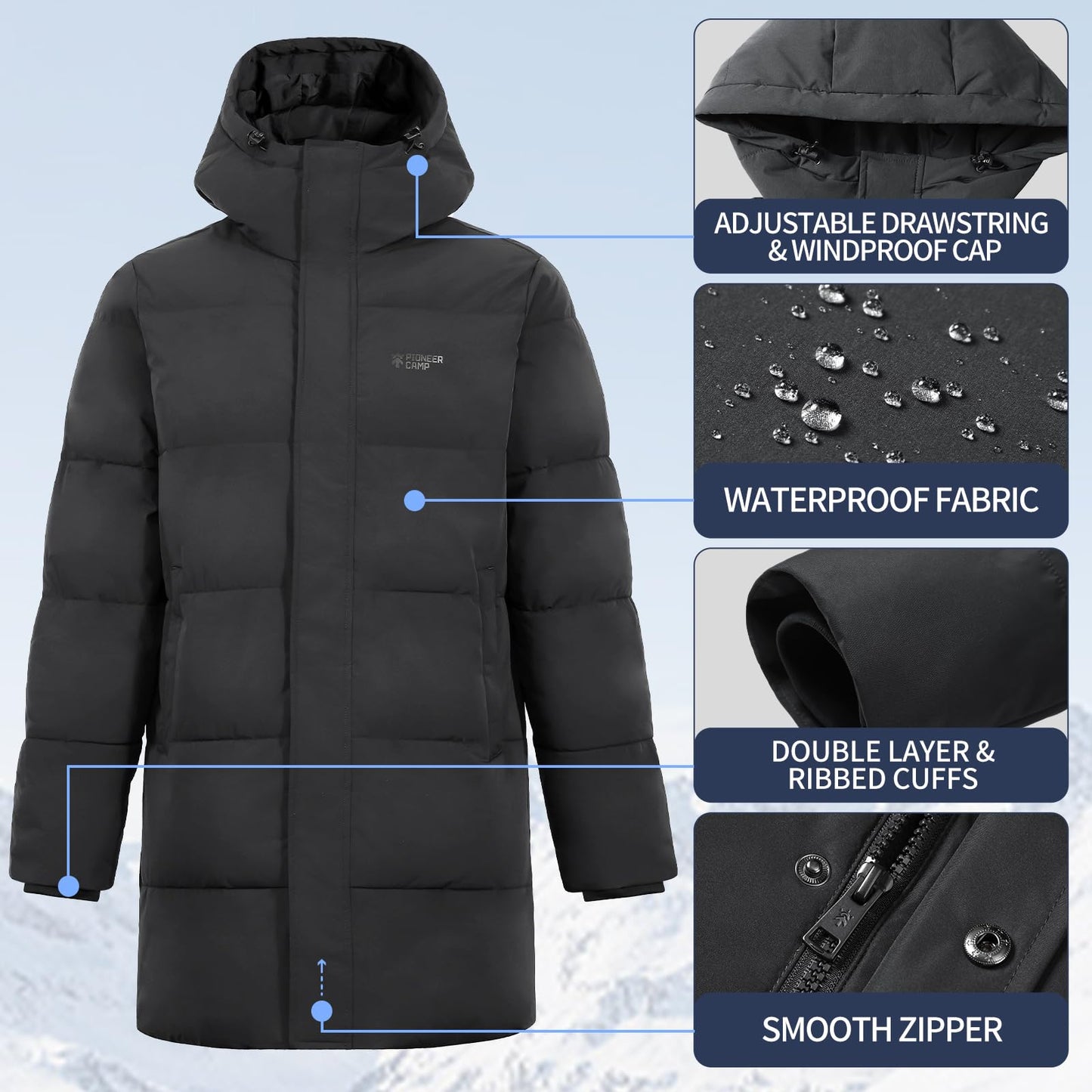 Pioneer Camp Men's Winter Jacket Long Windproof Waterproof Warm Down Jacket Winter Outdoor Parka Jacket with Hood