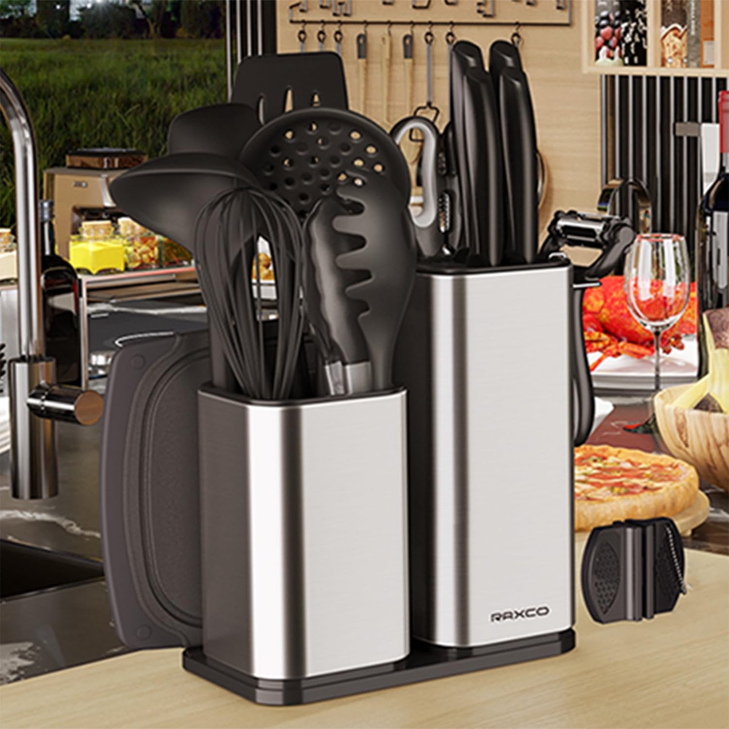 RAXCO Küchenmessersets Mit block,18 Teiligs Küchenutensilien Mit 5 Teiligs Messersets und 7 Teiligs Silikon Pfannenwender,Küchenhelfer sets, Schwarz