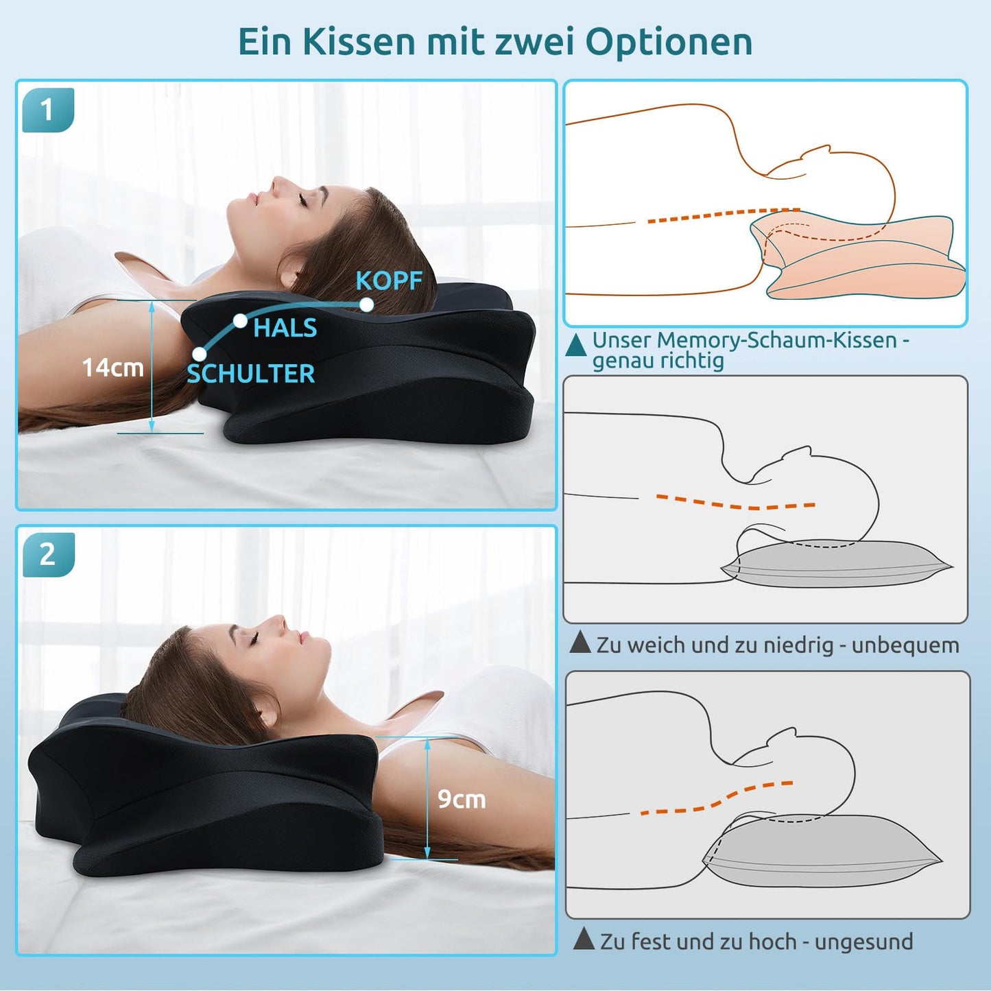 DONAMA Memory Foam Kissen ergonomisches Nackenkissen Kopfkissen Seitenschläferkissen für Seiten, Rücken & Bauchschläfer