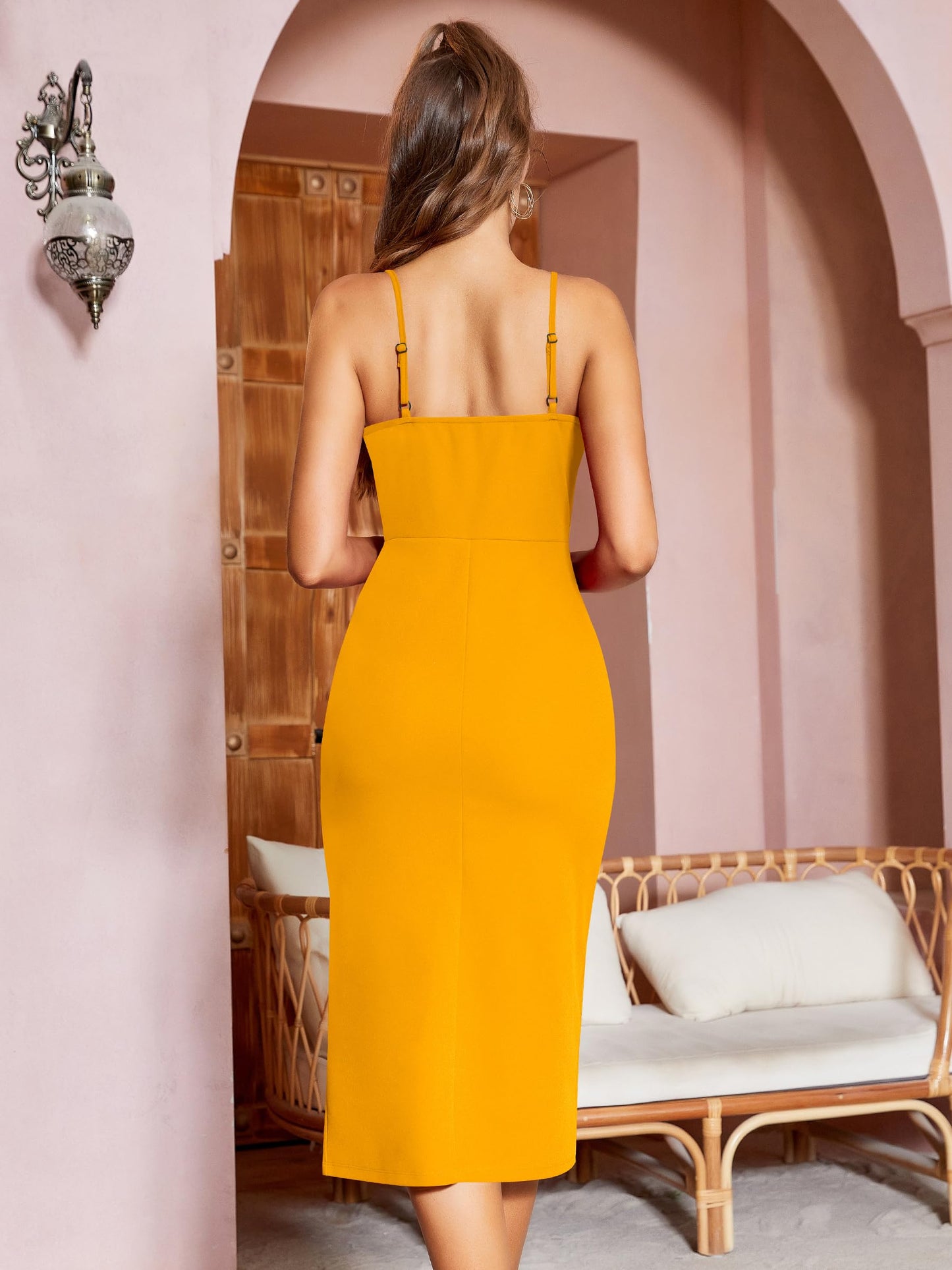 Missufe Damen Cocktailkleid Partykleid Wickelkleid Sommerkleid Midikleid Festliche Elegant Bodycon Hochzeit Ärmellos Spaghettiträger Abendkleider