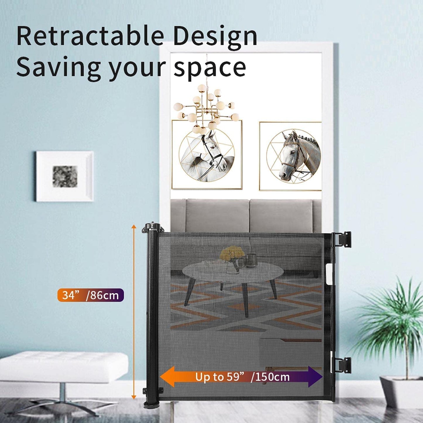Retractable Stair Safety Gate for Babies, 0-150 cm Wide, Baby Barrier, Cat and Dog Barrier, One-Handed Operation, Suitable for Indoor & Outdoor Use (150 cm, Black)
