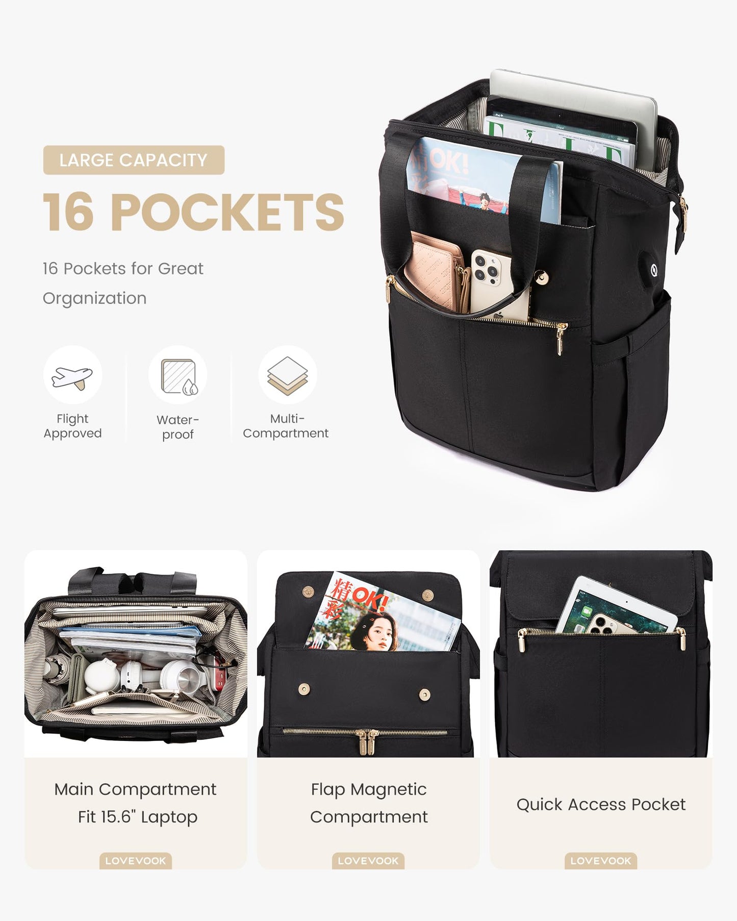 LOVEVOOK Rucksack Damen, Laptop Schulrucksack Wasserdicht, Schultasche Teenager Backpack Women Elegant Tagesrucksäcke Handtasche 2 in 1, 15,6 Zoll Arbeitstasche Lehrertasche Reiserucksack für Uni Büro