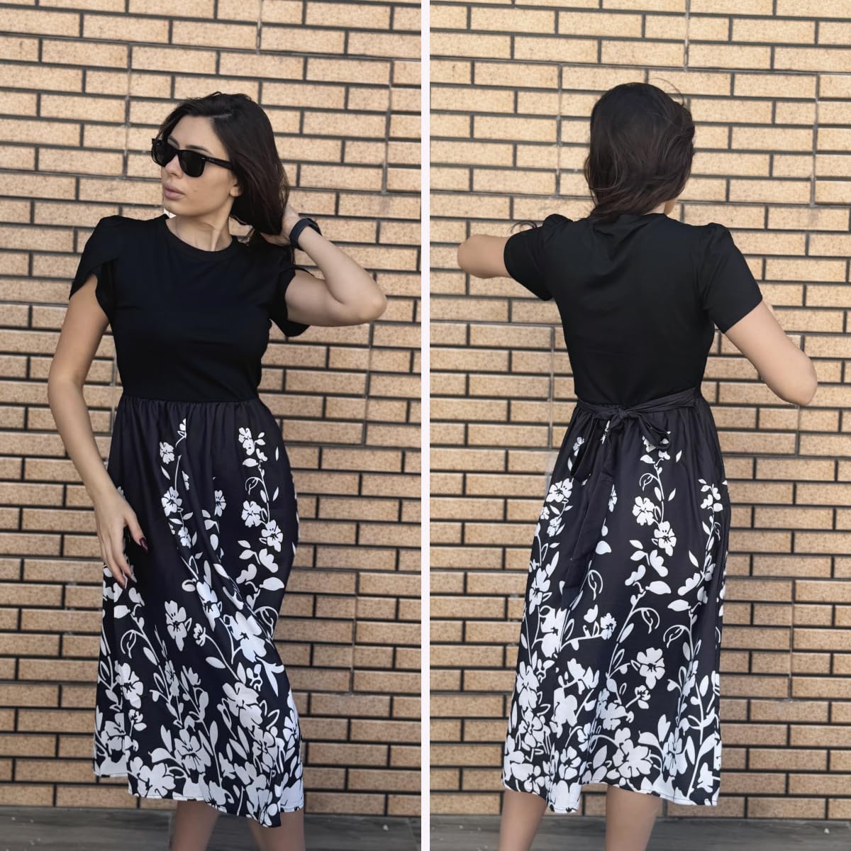 ZEAGOO Sommerkleid Damen Elegant Kleider Kurzarm Rundhals Midikleid A-Linie Blumenkleid Casual Tunika Kleid Hohe Taille Strandkleid mit Taschen S-XXL