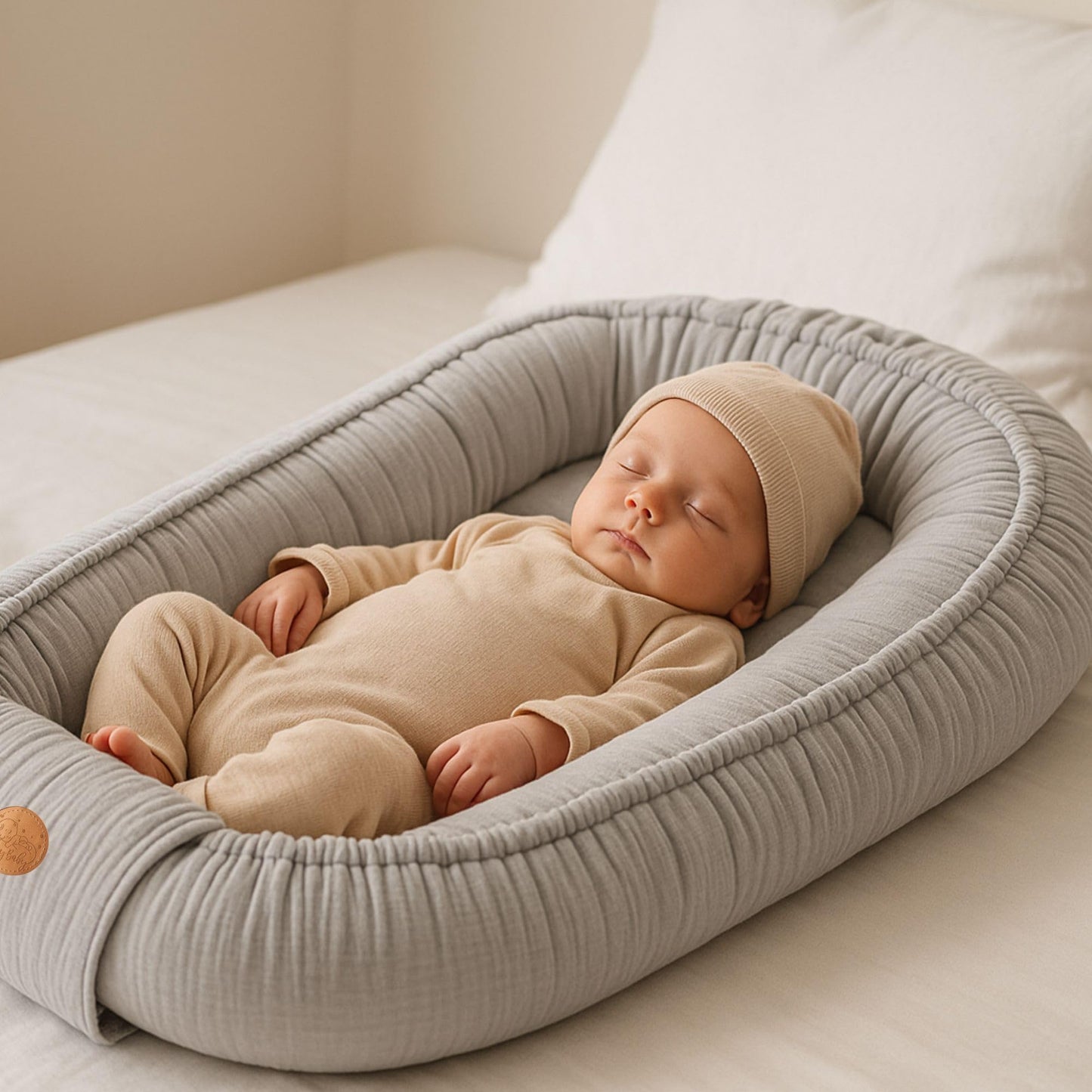 Musselin Babynest Nestchen Baby 90x50 cm - Babynestchen Neugeborene Nest für Kinder Bett und Babybett tragbar Kuschelnest Coccon für Jungen und Mädchen Baumwolle Grau