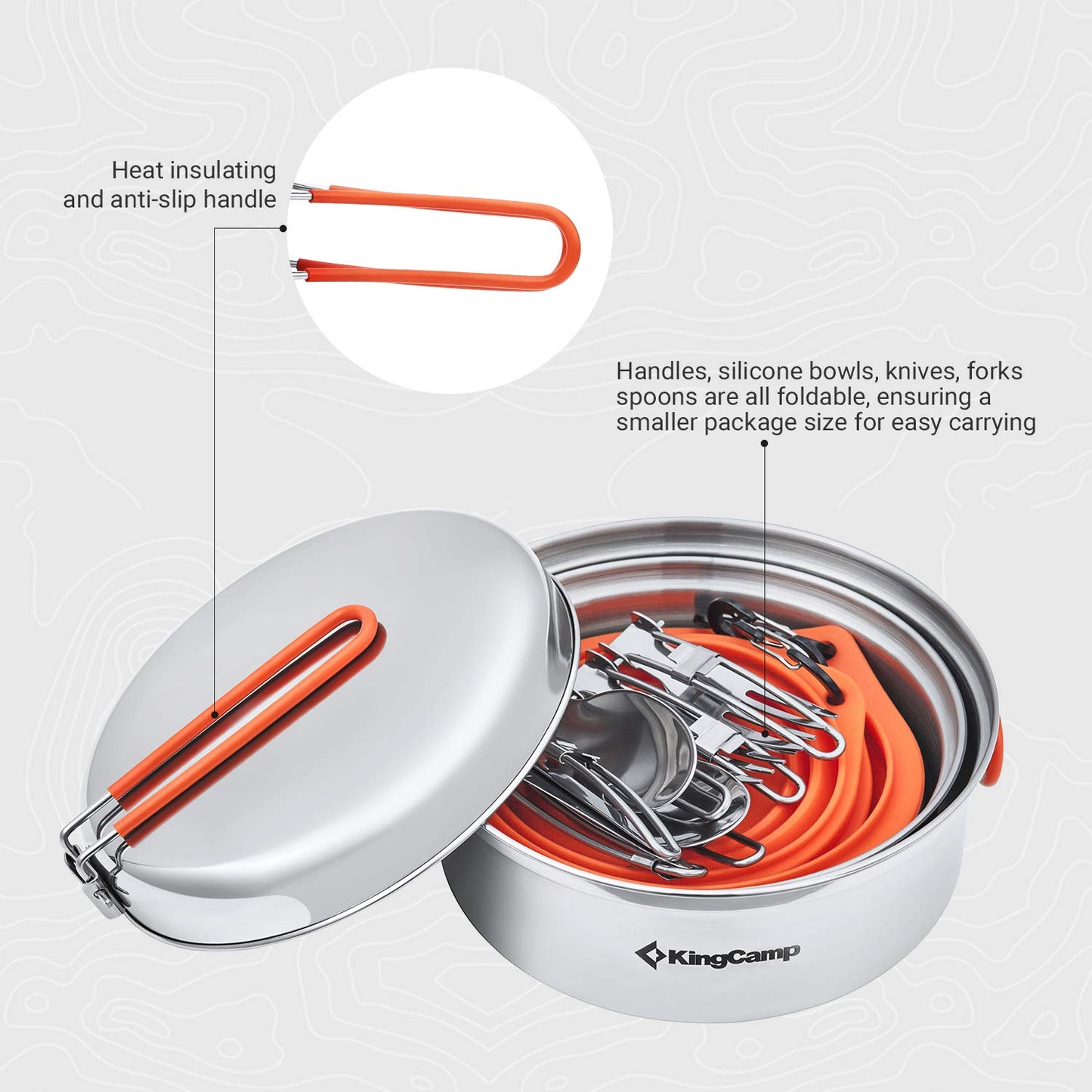 KingCamp Camping Geschirr Set 2-4 Personen I Camping Kochgeschirr aus Edelstahl I Camping Töpfe mit Faltbare Besteck I Ultraleicht Camping Topf Pfanne Set für Campingkocher