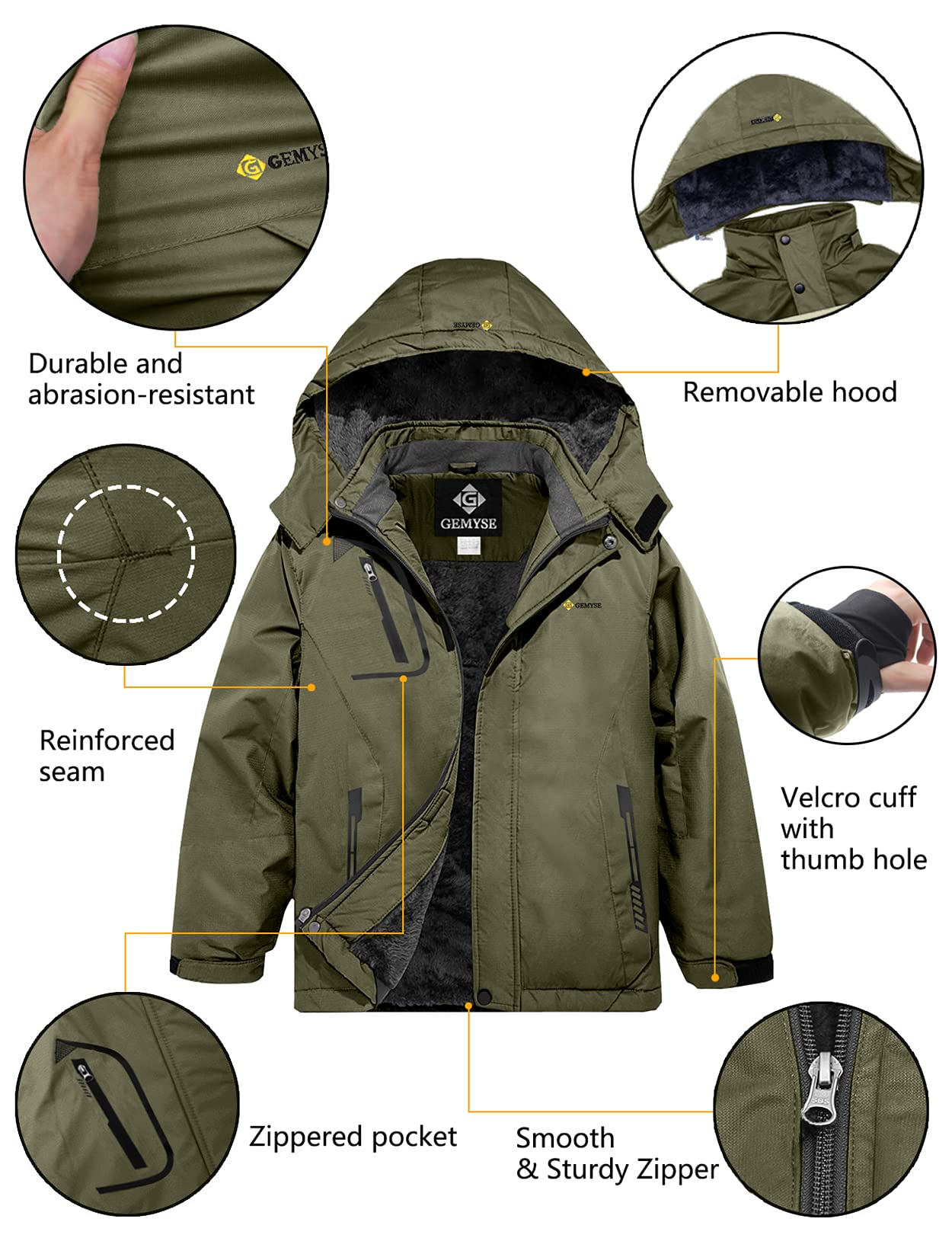Gemyse Boys' Waterproof Ski Jacket, Windproof Fleece Jacket, Outdoor Winter Jacket, Rain Jacket with Hood