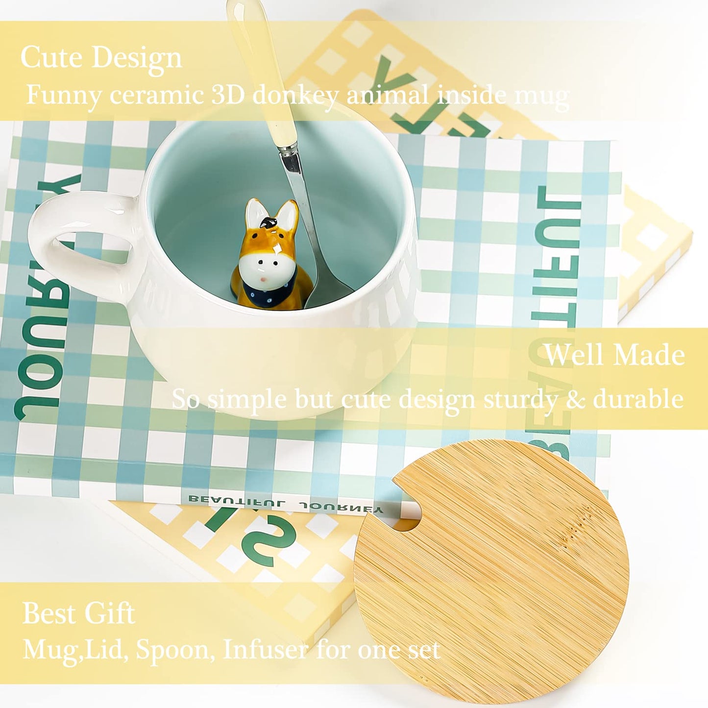 BigNoseDeer Süße Sachen Keramik Katze Kaffeetasse Teetasse Deckel Löffel Lustige Tassen Geschenke für Frauen Kaffeebecher 3D Tasse Personalisiert Cappuccino Tasse Beste Freundin Weihnachten Geschenk