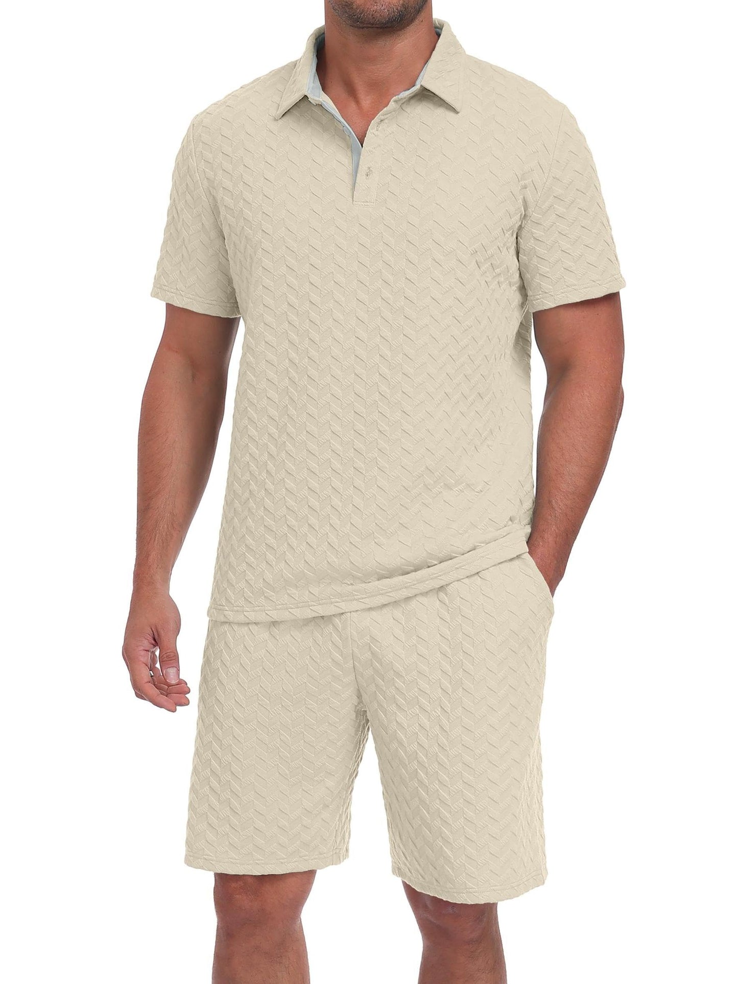 QIXING Herren Sommer Set 2 Teiler Polohemd und Shorts Set Herren Kurzarm Polo Shirt mit Strukturmuster Leichtes Freizeit Outfit für Urlaub Strand Reisen und Alltag