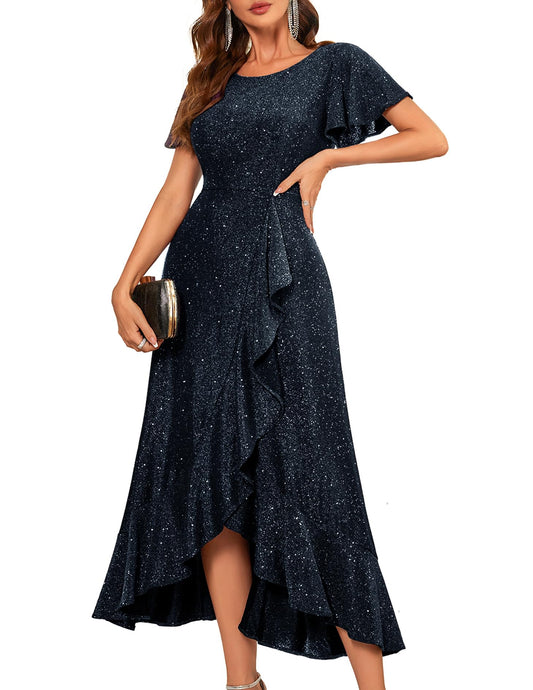 Berylove Damen Abendkleid Lang Glitzer Ballkleid mit Rüschen Saum Kleid Festliche Kleider für Hochzeit Partykleid