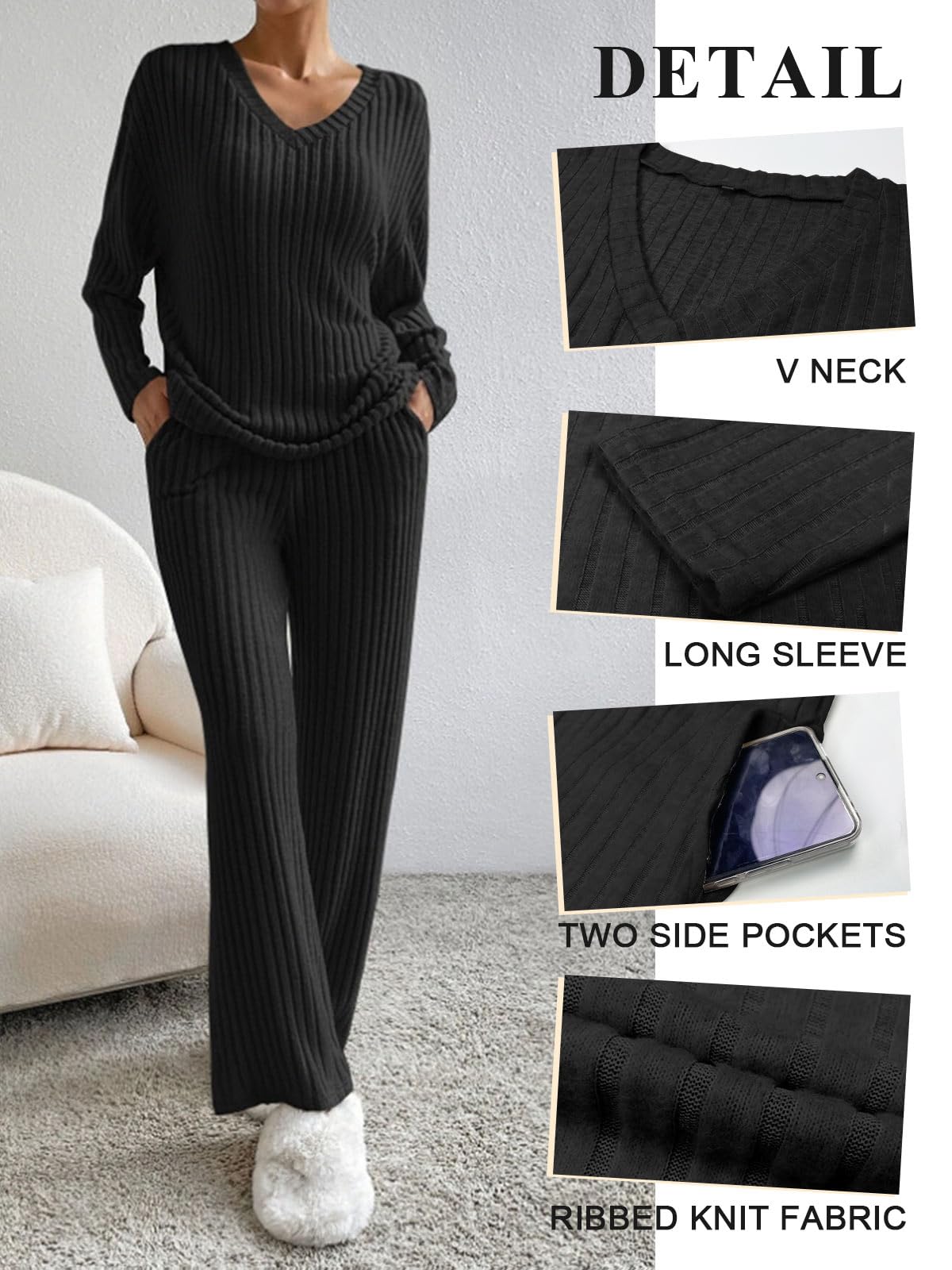 CheChury Zweiteiler Damen Lounge Set V-Ausschnitt Einfarbig Loungewear Gerippt Shirt Top Langärm mit Hose 2-Teiliges Hausanzug Jogginganzug Loungewear Nachtwäsche Hauskleidung Freizeit Outfit