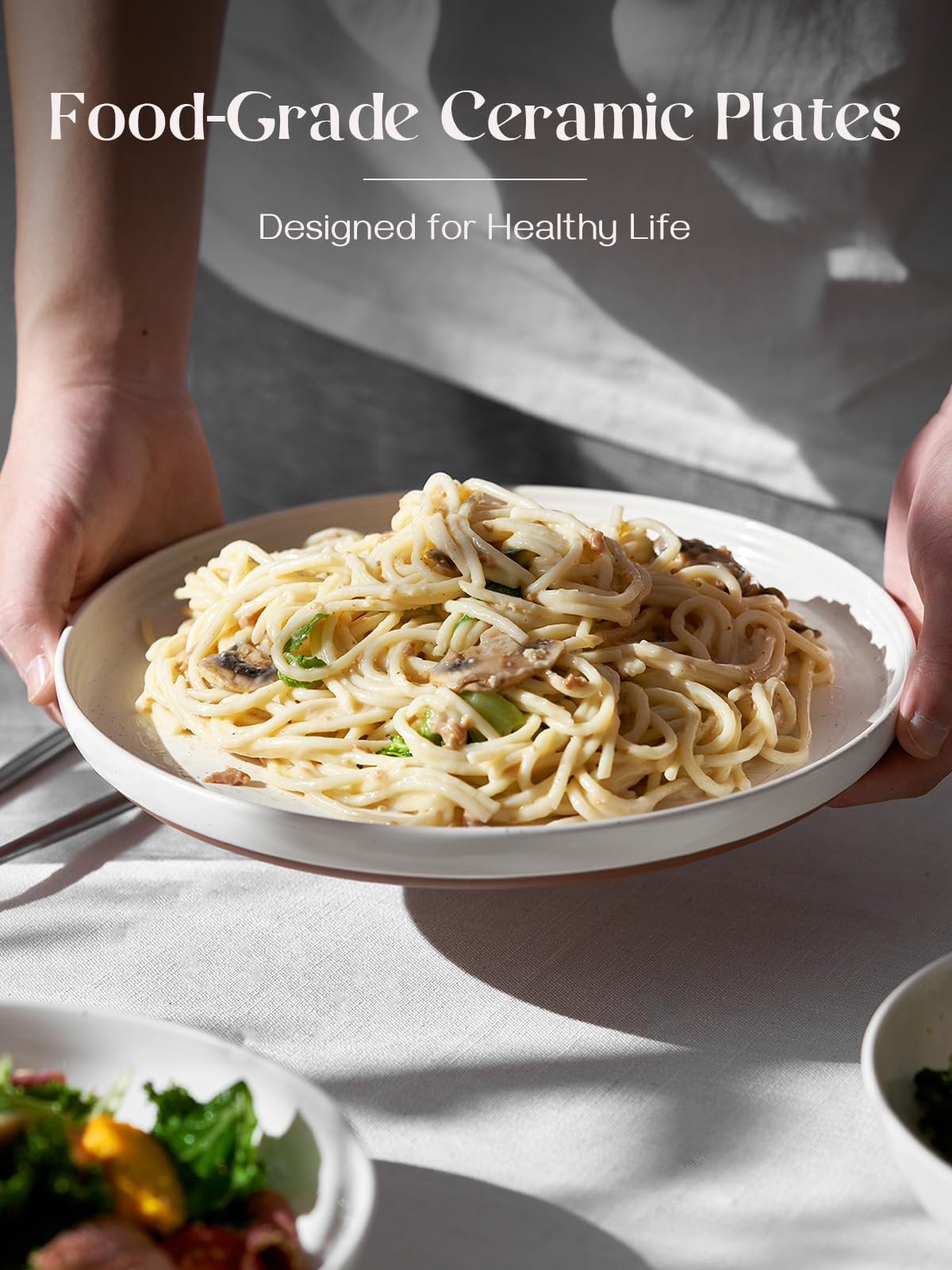 DOWAN Steingut Dessert Teller Set,Tellerset Keramik-6 Personen,21cm Speiseteller Porzellan,Essteller,Steinzeug Geschirrteller,Flache Frühstückstelle teller para Salat,Pasta,Vanille-Weiß