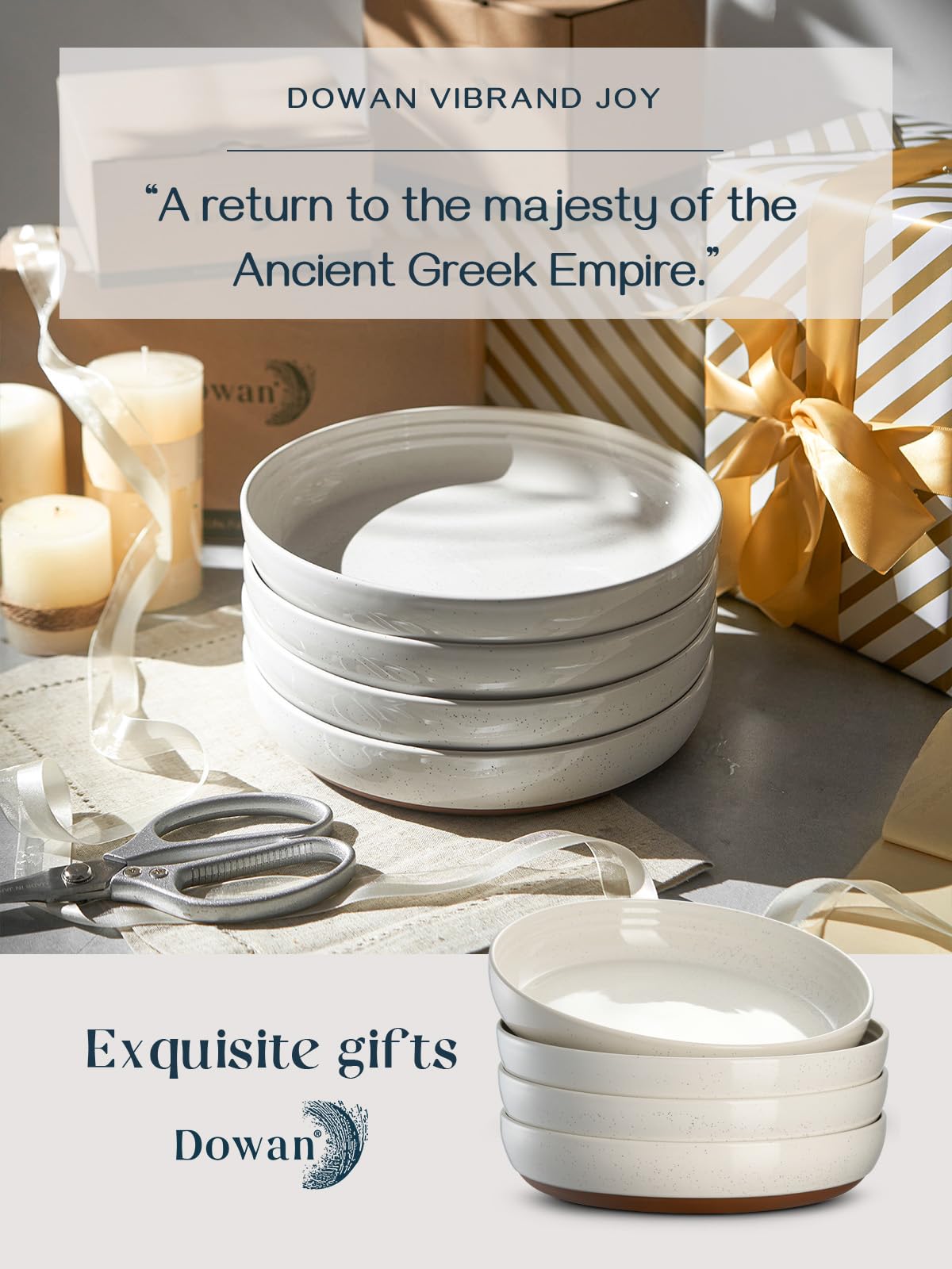 DOWAN Steingut Dessert Teller Set,Tellerset Keramik-6 Personen,21cm Speiseteller Porzellan,Essteller,Steinzeug Geschirrteller,Flache Frühstückstelle teller para Salat,Pasta,Vanille-Weiß