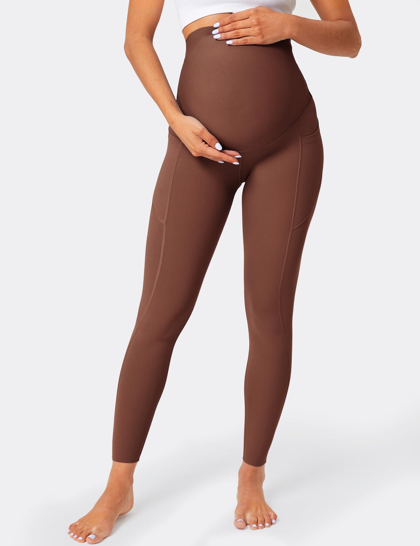 BAYDI Damen Umstandsleggings mit Taschen Blickdichte Lange Schwangerschaftsleggings High Waist Umstandshose Damen Weich elastisch Schwangerschaftshose