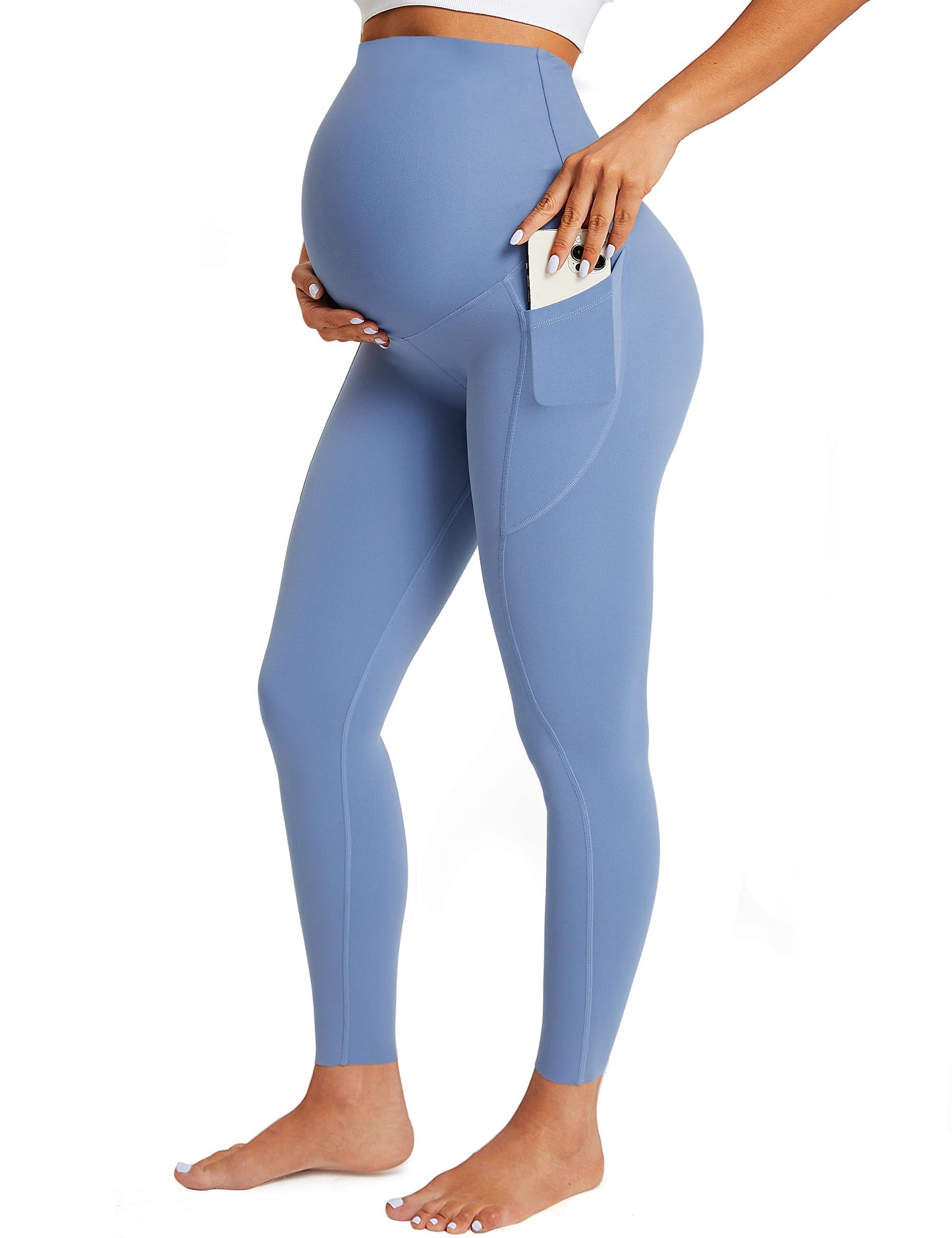 BAYDI Damen Umstandsleggings mit Taschen Blickdichte Lange Schwangerschaftsleggings High Waist Umstandshose Damen Weich elastisch Schwangerschaftshose