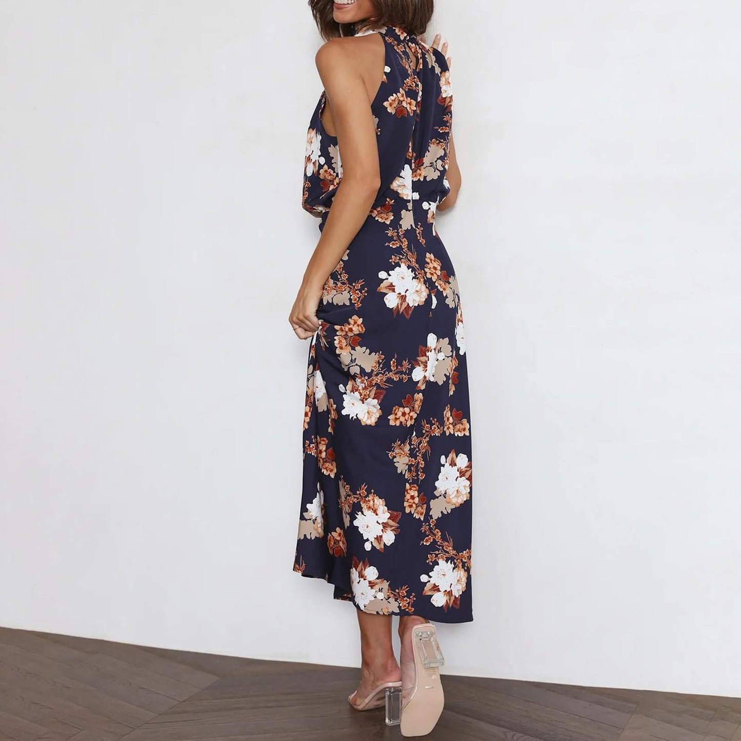 Odizli Damen Elegant Ärmellos Neckholder Satin Sommer Hochzeit Lang Abendkleider