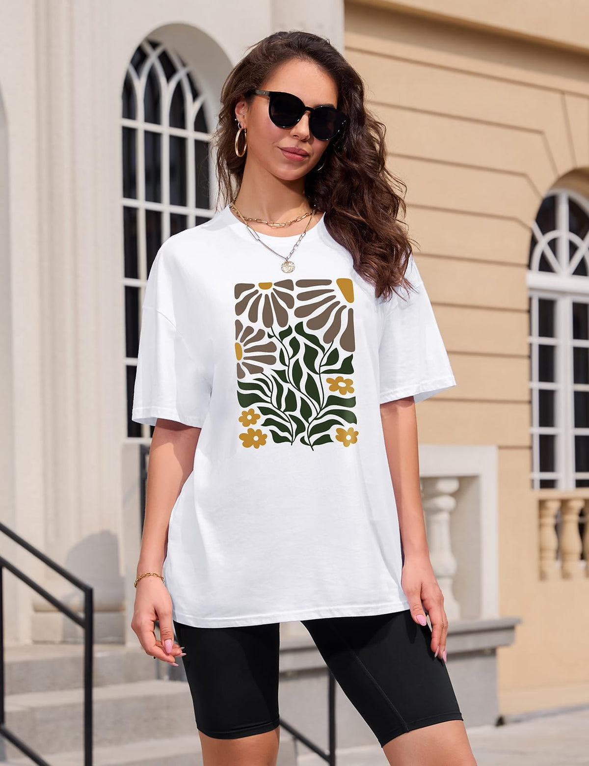Lonya T Shirt Damen Oversized Vintage Rundhals Kurzarm 80er Jahre Brief Gedruckt Schleife Blumen Sonne Mond Muster Sommer Bluse Baumwolle Oberteile Tops Retro 80s Casual Lockere Basic Tee Shirt