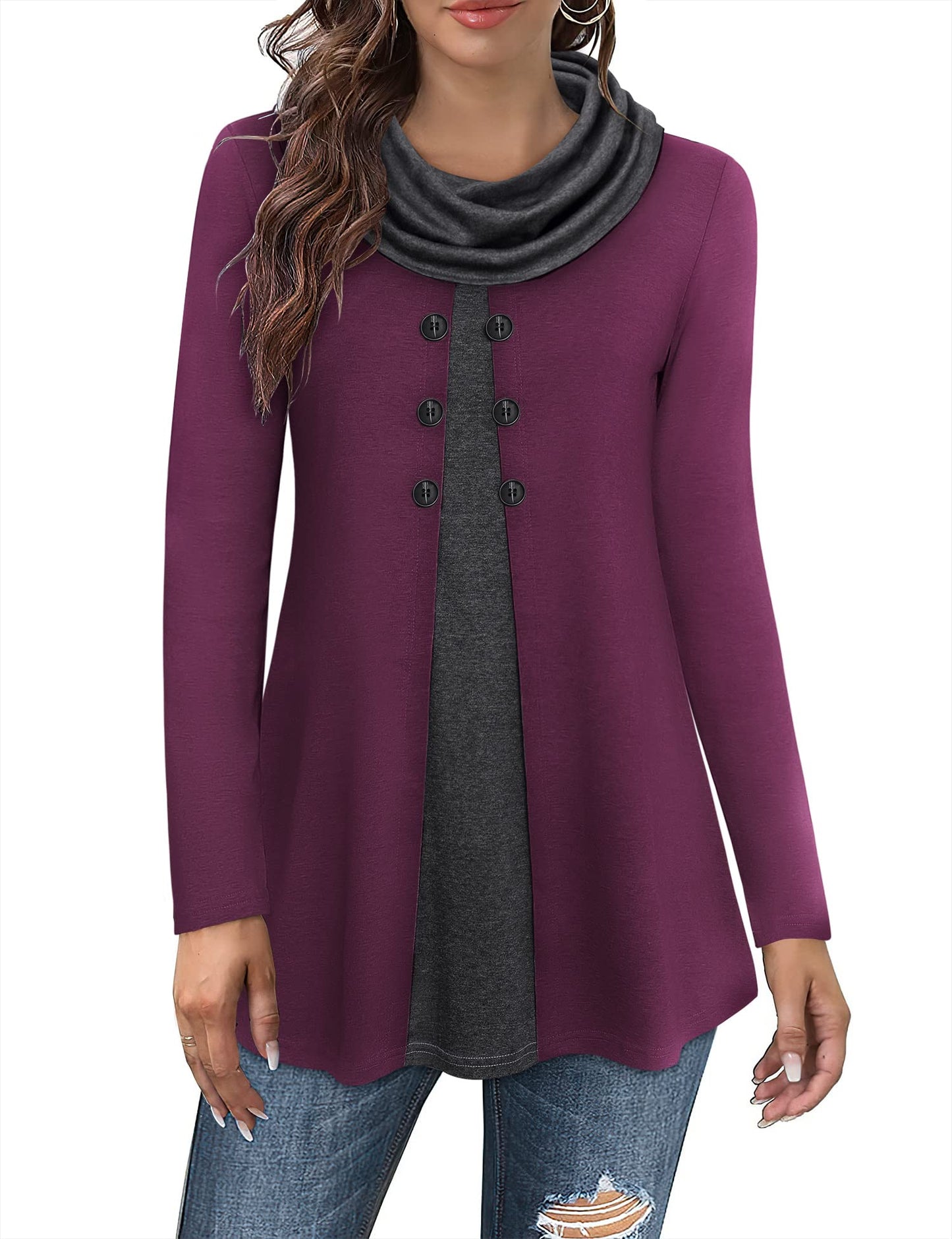 Gaharu Damen Tunika Langarm Elegant Pullover Lang Sweatshirt Schalkragen Patchwork Pulli