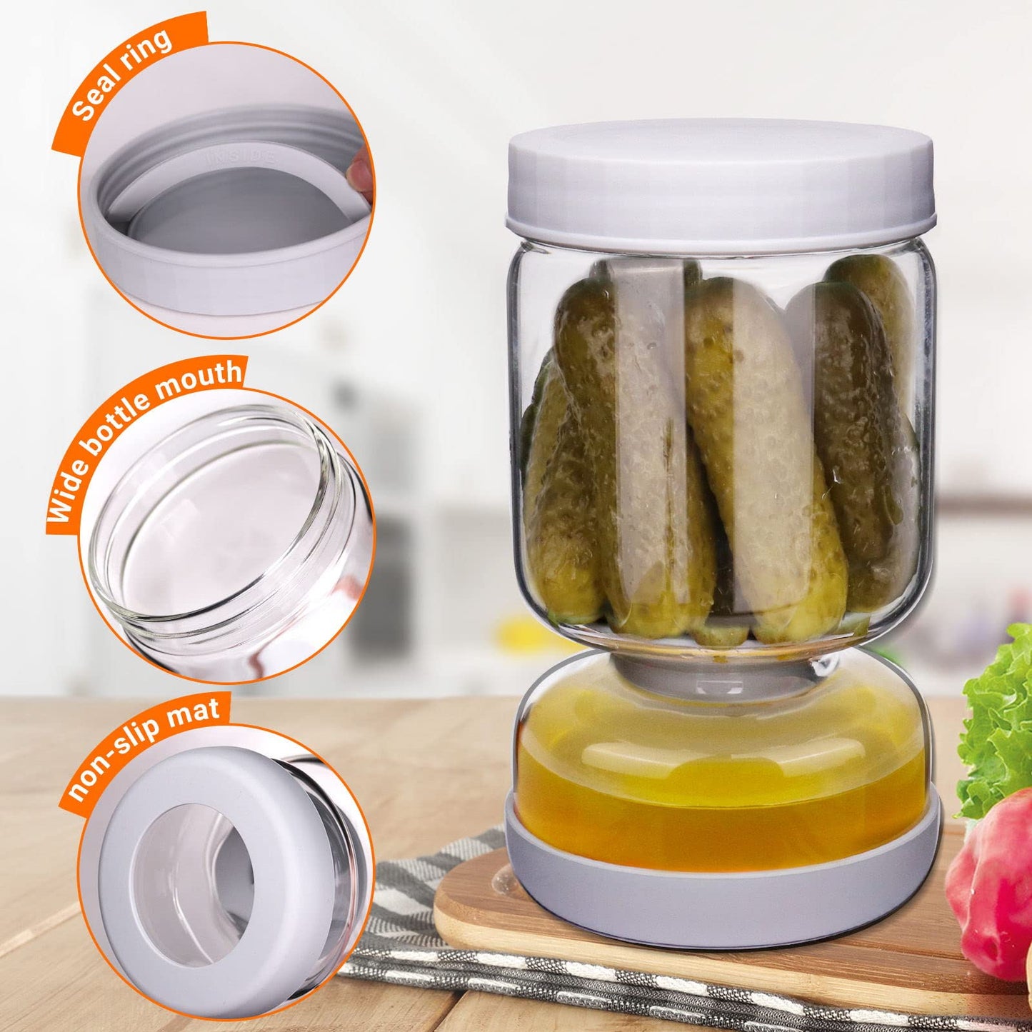 Homnoble Glas Einlegeglas mit Sieb Sanduhr, Pickle und Olive Jar Flip für Saft Separator von Nassen und Trockenen Food-grade ABS Deckel und BPA Frei für Essiggurke Olive Kimchi Jalapenos