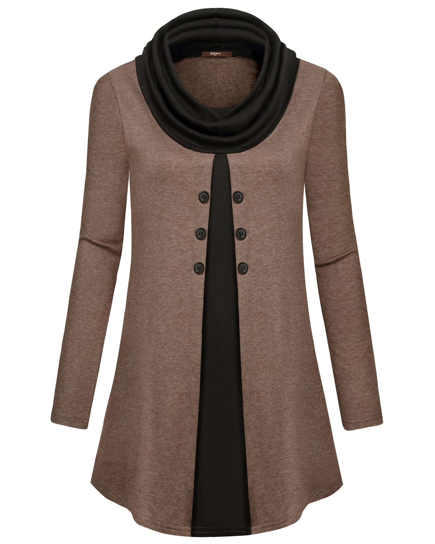 Gaharu Damen Tunika Langarm Elegant Pullover Lang Sweatshirt Schalkragen Patchwork Pulli