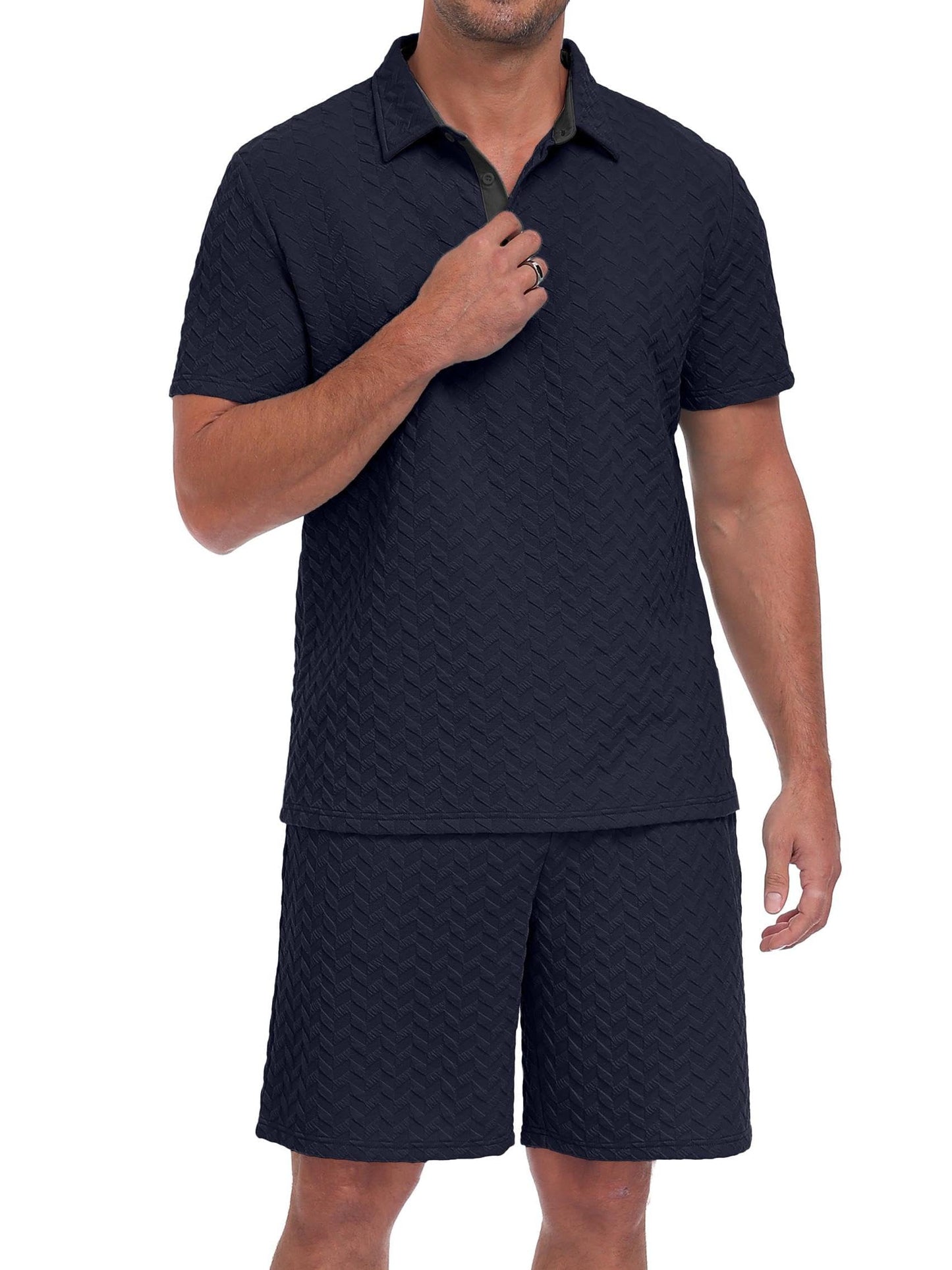 QIXING Herren Sommer Set 2 Teiler Polohemd und Shorts Set Herren Kurzarm Polo Shirt mit Strukturmuster Leichtes Freizeit Outfit für Urlaub Strand Reisen und Alltag
