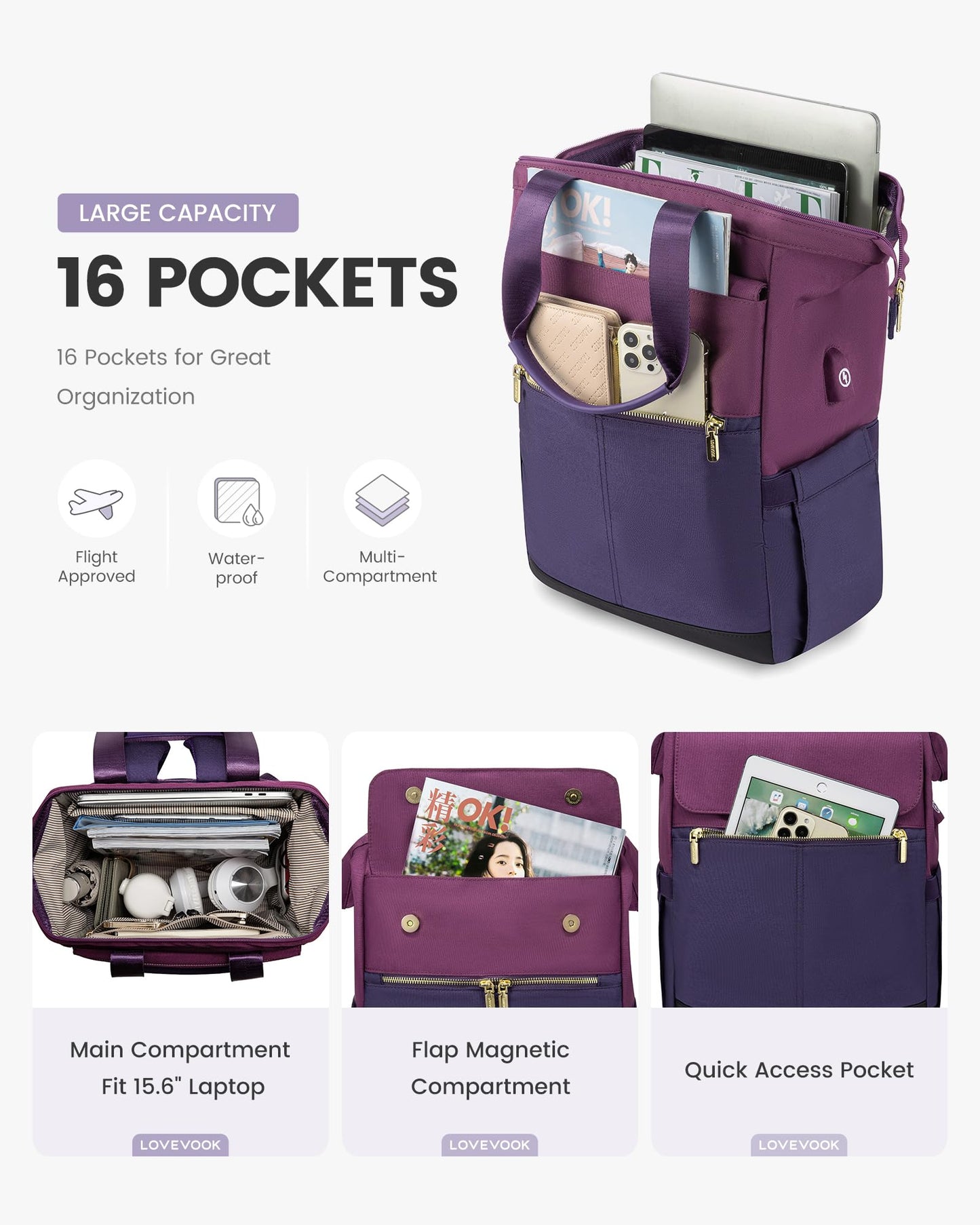 LOVEVOOK Rucksack Damen, Laptop Schulrucksack Wasserdicht, Schultasche Teenager Backpack Women Elegant Tagesrucksäcke Handtasche 2 in 1, 15,6 Zoll Arbeitstasche Lehrertasche Reiserucksack für Uni Büro