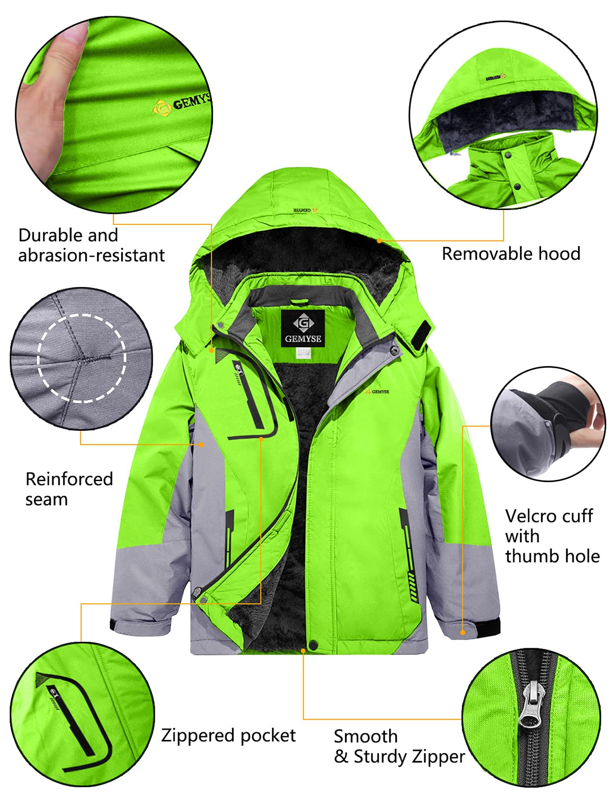 Gemyse Boys' Waterproof Ski Jacket, Windproof Fleece Jacket, Outdoor Winter Jacket, Rain Jacket with Hood