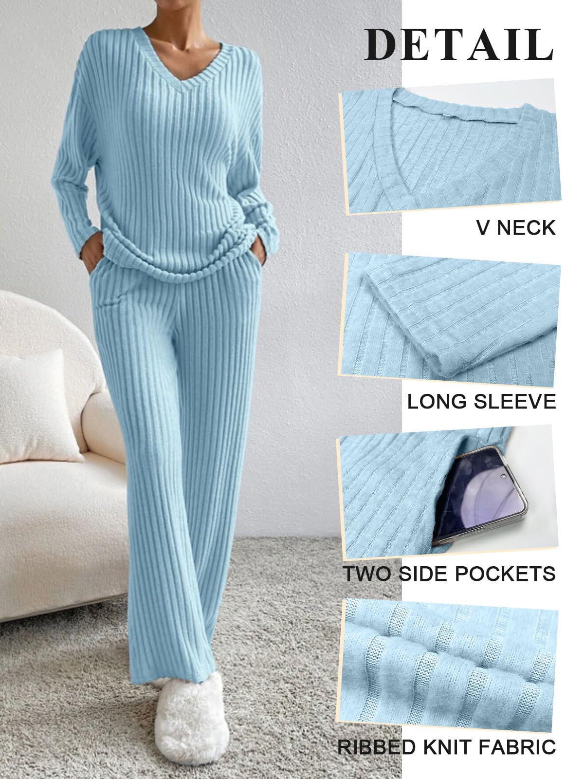 CheChury Zweiteiler Damen Lounge Set V-Ausschnitt Einfarbig Loungewear Gerippt Shirt Top Langärm mit Hose 2-Teiliges Hausanzug Jogginganzug Loungewear Nachtwäsche Hauskleidung Freizeit Outfit