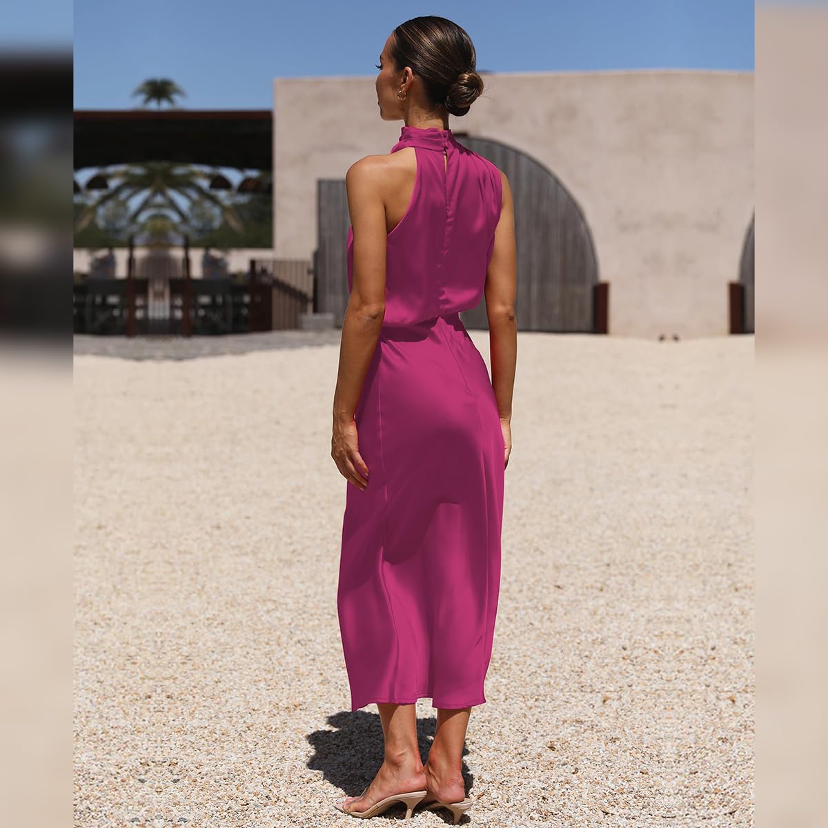 Odizli Damen Elegant Ärmellos Neckholder Satin Sommer Hochzeit Lang Abendkleider