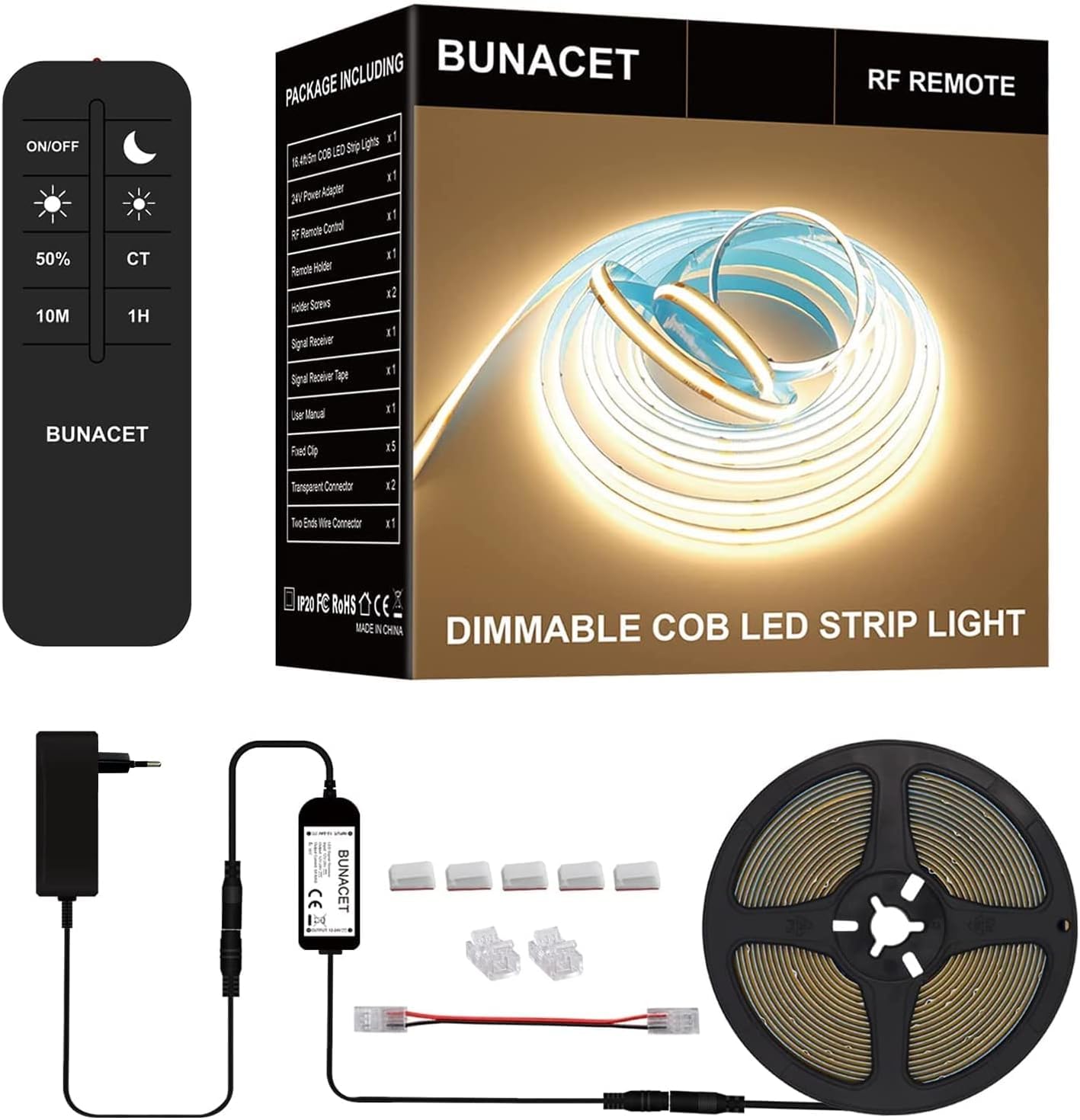 BUNACET COB RGB LED Strip 6M 24V Dimmbar, LED Streifen 3456 LEDs, Leiste Band Stripes Lichtband mit Netzteil RF Fernbedienung & APP Bluetooth für Küche Schlafzimmer Deko