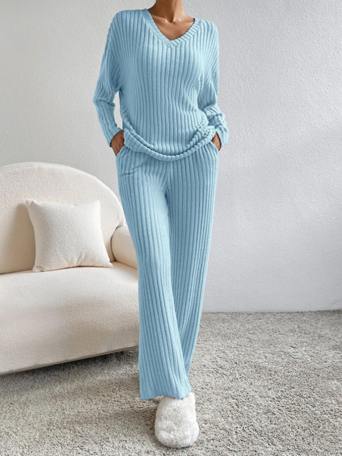 CheChury Zweiteiler Damen Lounge Set V-Ausschnitt Einfarbig Loungewear Gerippt Shirt Top Langärm mit Hose 2-Teiliges Hausanzug Jogginganzug Loungewear Nachtwäsche Hauskleidung Freizeit Outfit