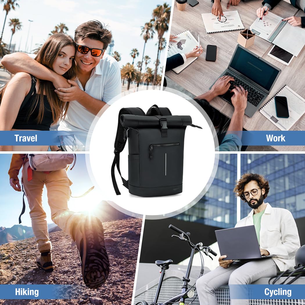 Lekeinchi Rolltop Rucksack Wasserdicht für Damen & Herren, Großer Laptop Rucksack mit Computerfach für 17 Zoll Laptop, Elegant Reiserucksack Daypack für Reisen, Radfahren, Uni Schule, Arbeit-Blau