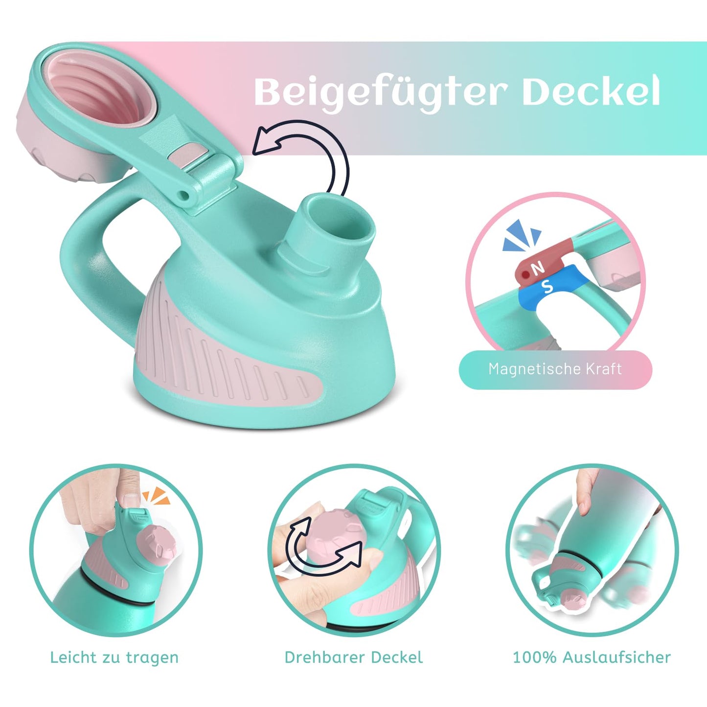 Fjbottle Edelstahl Trinkflasche Sport mit Magnetischem Deckel 1L, 800ml, 600ml, 400ml BPA-Frei Auslaufsichere Kinder Flasche - Kohlensäure geeignet 1500ML Wasserflasche Thermo für Schule, Fitness