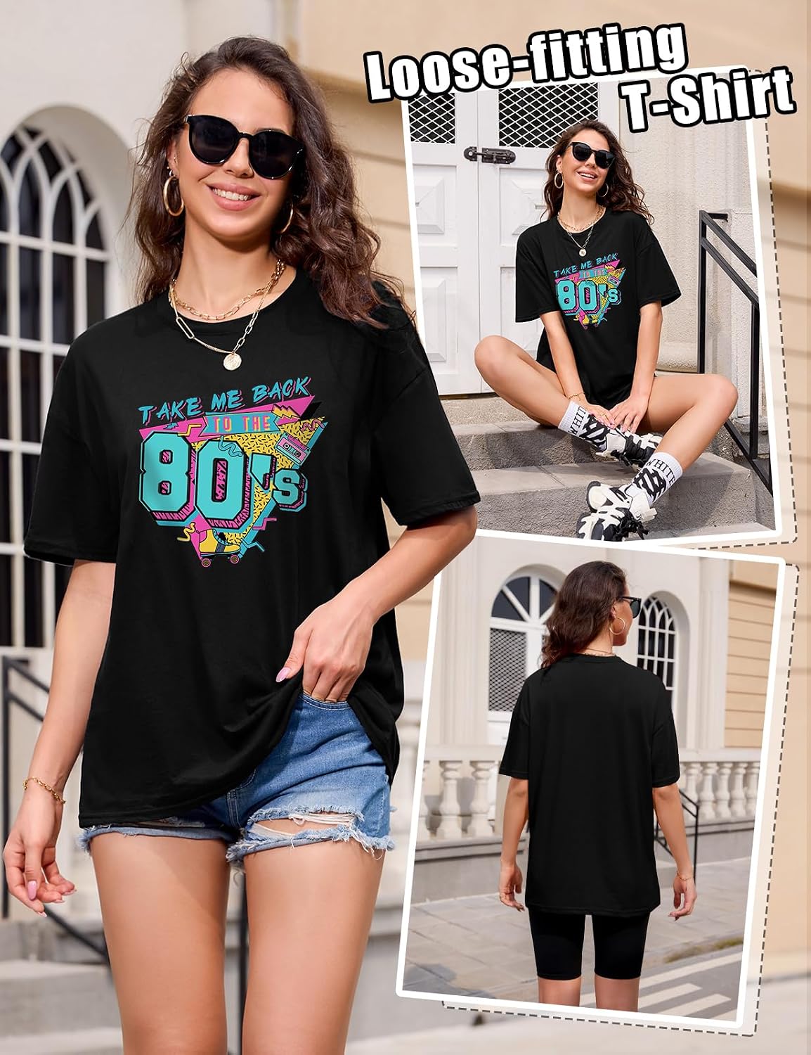 Lonya T Shirt Damen Oversized Vintage Rundhals Kurzarm 80er Jahre Brief Gedruckt Schleife Blumen Sonne Mond Muster Sommer Bluse Baumwolle Oberteile Tops Retro 80s Casual Lockere Basic Tee Shirt