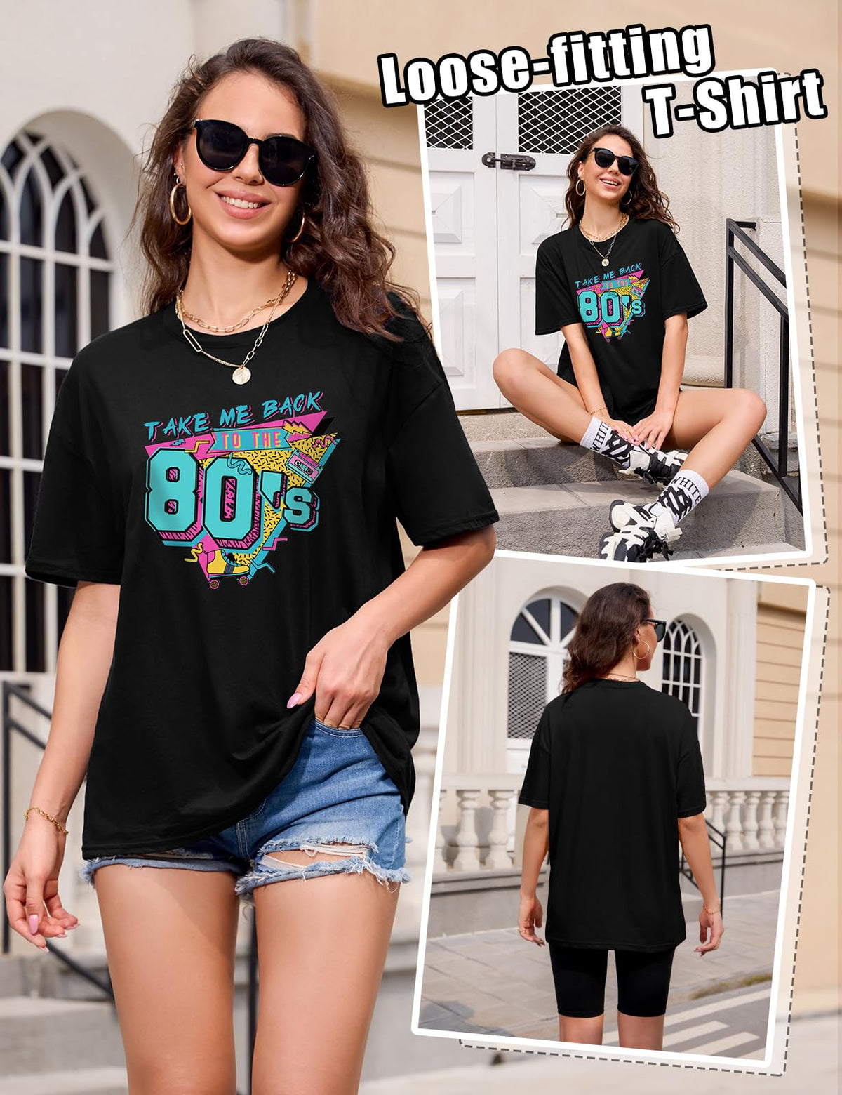 Lonya T Shirt Damen Oversized Vintage Rundhals Kurzarm 80er Jahre Brief Gedruckt Schleife Blumen Sonne Mond Muster Sommer Bluse Baumwolle Oberteile Tops Retro 80s Casual Lockere Basic Tee Shirt