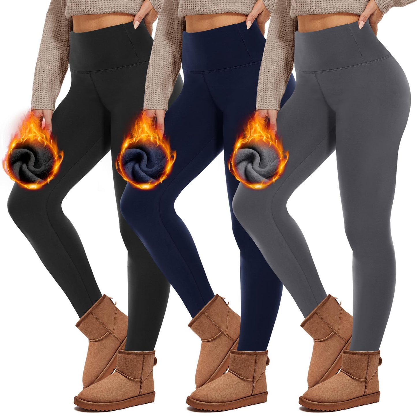 HIPOWER Pack of 3 Women's Thermal Leggings with Pockets Leggings Lined Winter High Waist Fleece Warm Leggings Opaque Black Sports Thermal Underwear Running Trousers Yoga Pants