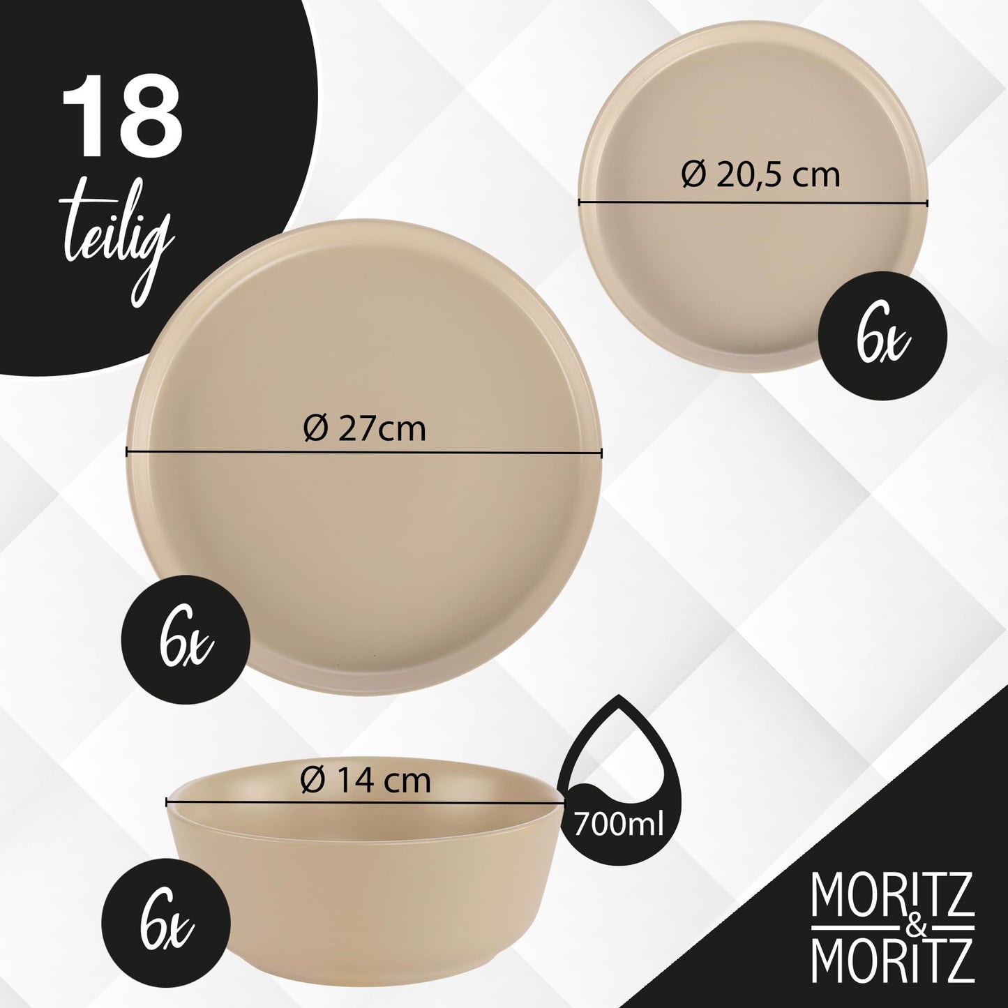 Moritz & Moritz NORDIC Geschirrset 6 Personen 18-teilig Taupe - Elegantes Teller Set aus hochwertigem Steinzeug - Geschirr Set aus 6x Dinnerteller, 6x Dessertteller, 6x Suppenteller
