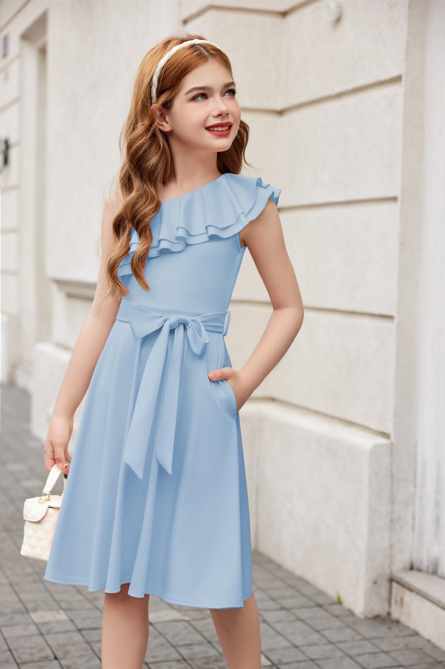 Arshiner Mädchen Kleider Eine-Schulter Kinderkleider Sommer Festliches Kleid Rüschenkragen Elegant Partykleider Swingkleid mit Gürtel ärmelloses Kleid für Mädchen 5-13 Jahre
