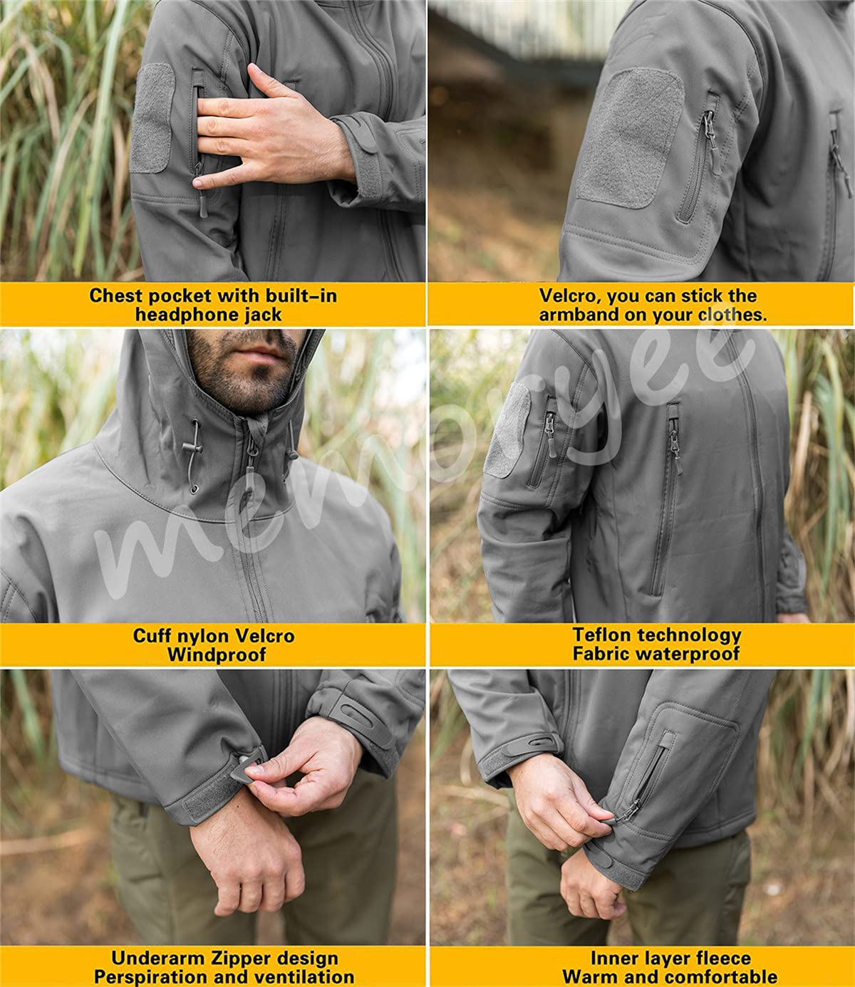 Memoryee Men's Waterproof Softshell Jackets, Warm Military Outdoor Tactical Hoodies, Camouflage Coat