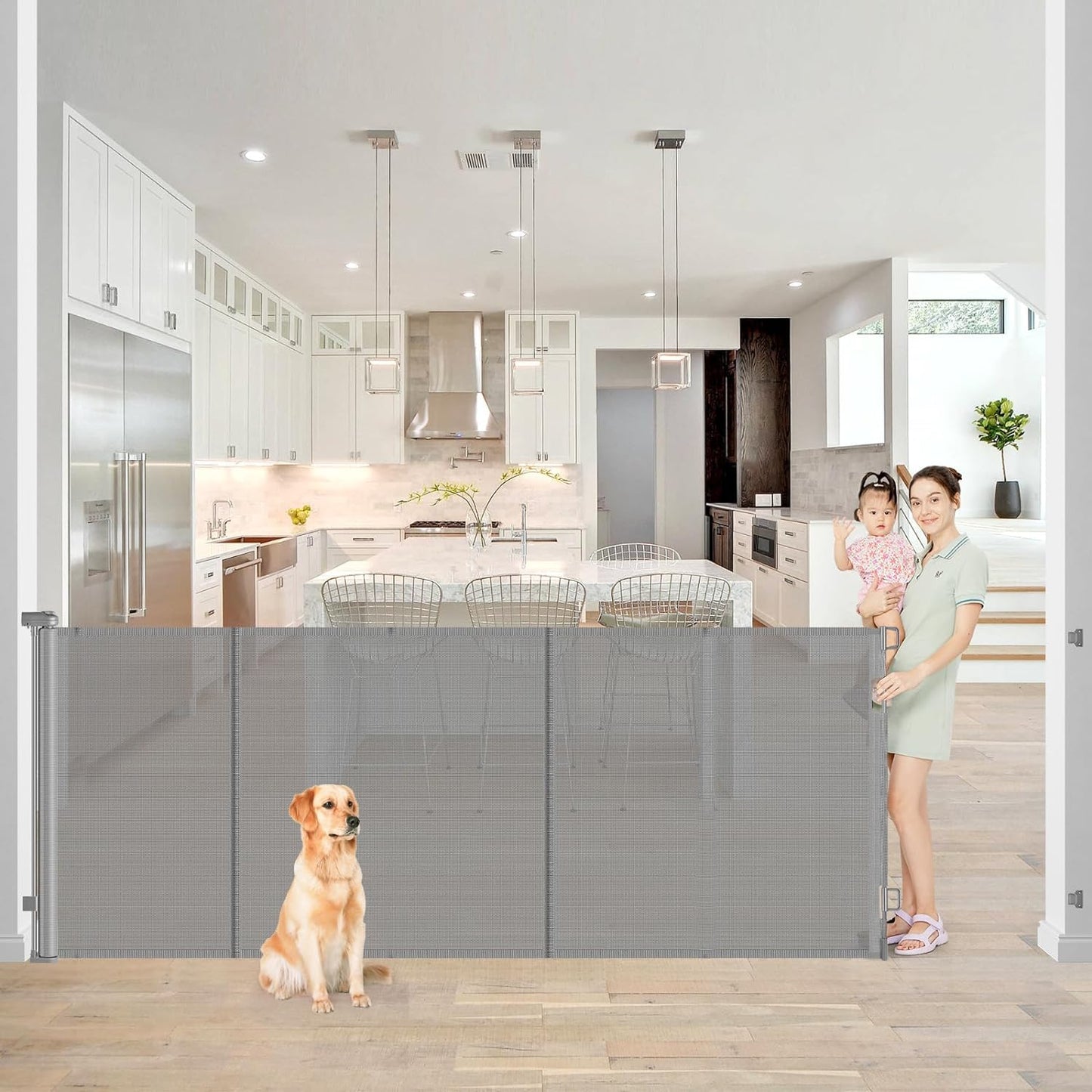 Retractable Stair Safety Gate for Babies, 0-150 cm Wide, Baby Barrier, Cat and Dog Barrier, One-Handed Operation, Suitable for Indoor & Outdoor Use (150 cm, Black)