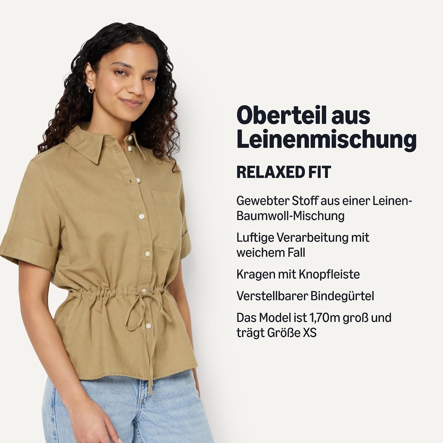 Amazon Essentials Damen Leinen-Bluse mit Verstellbarer Taille