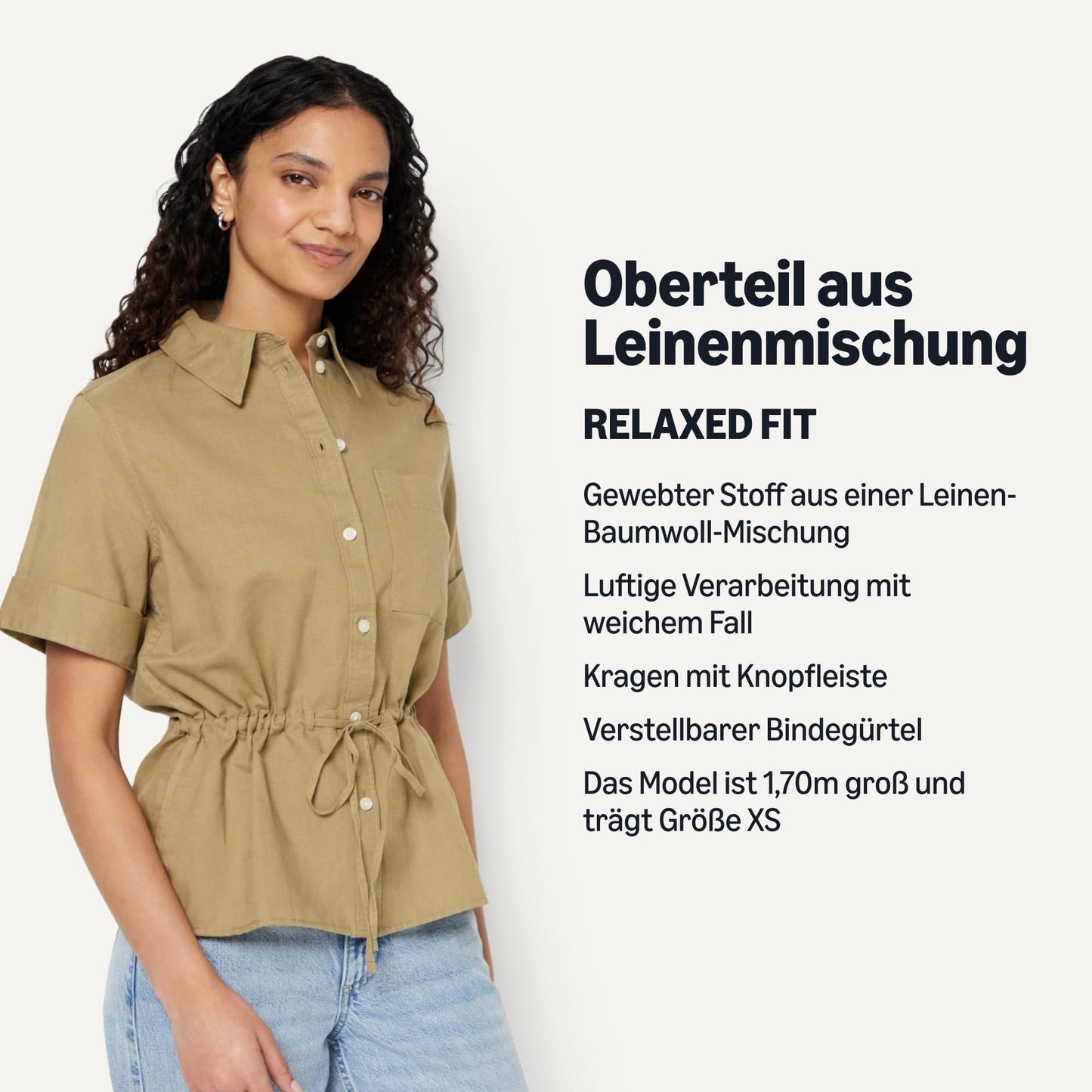 Amazon Essentials Damen Leinen-Bluse mit Verstellbarer Taille